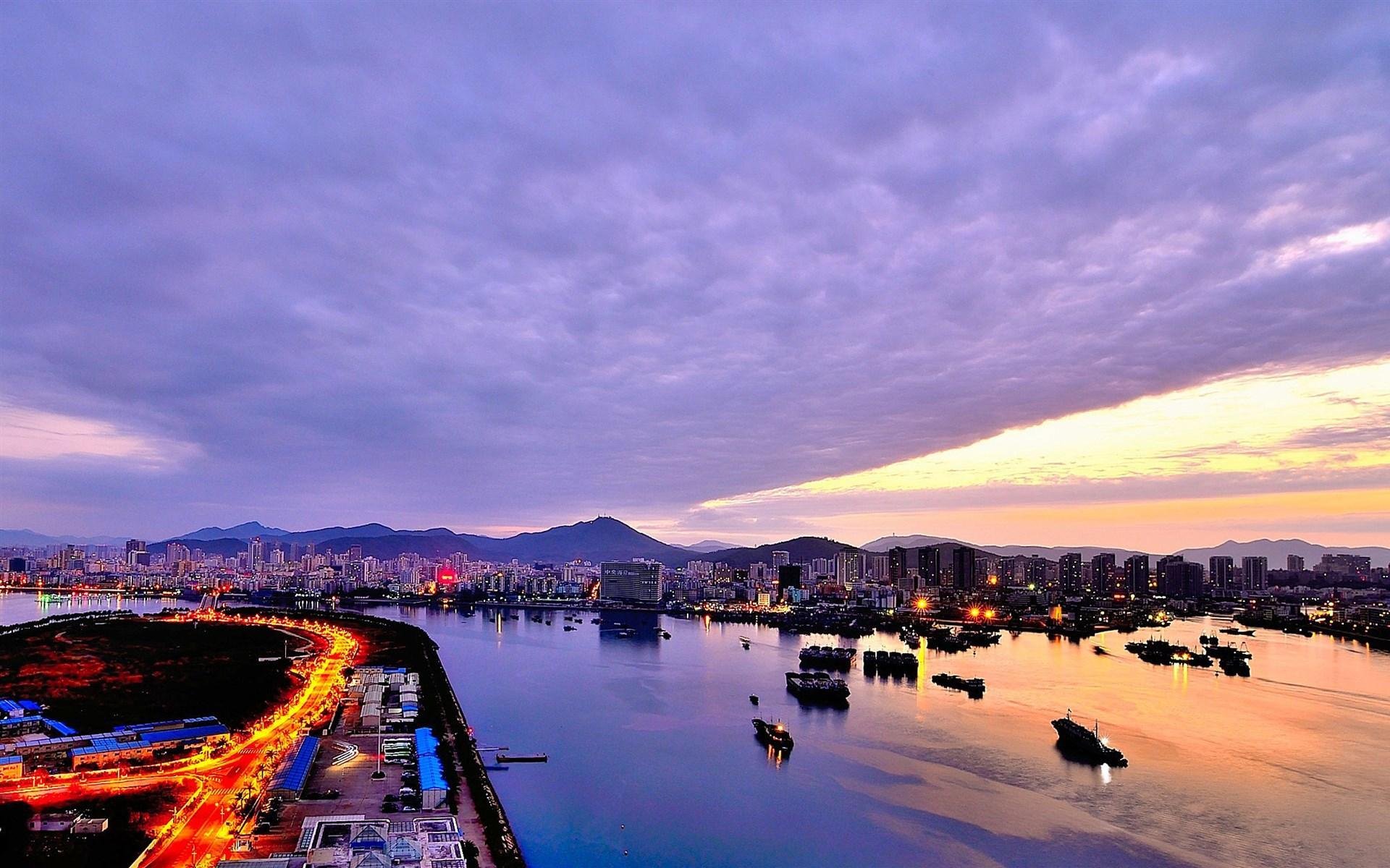 风景,海南三亚湾,晚霞漫天,华灯初上,夜色弥漫,宽屏