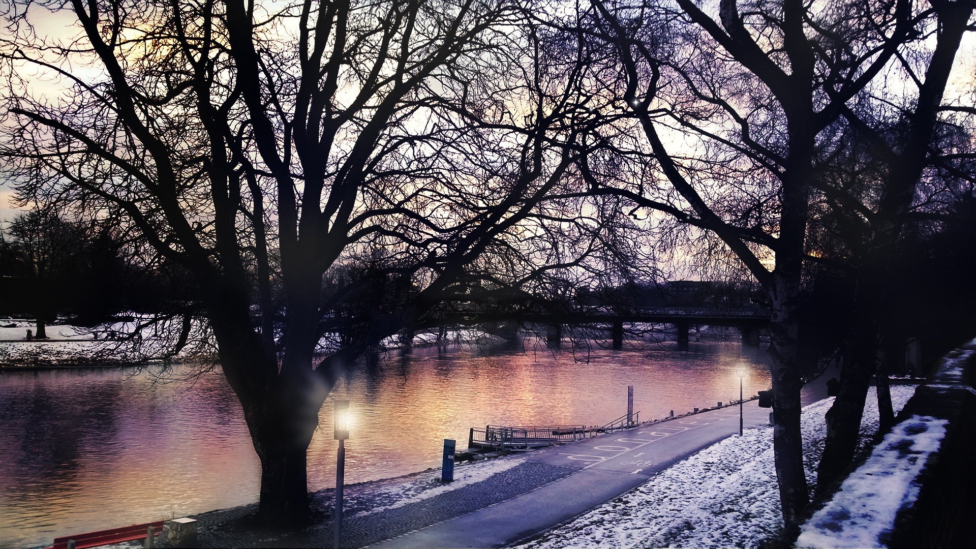 江边,落日,小桥,寒冬