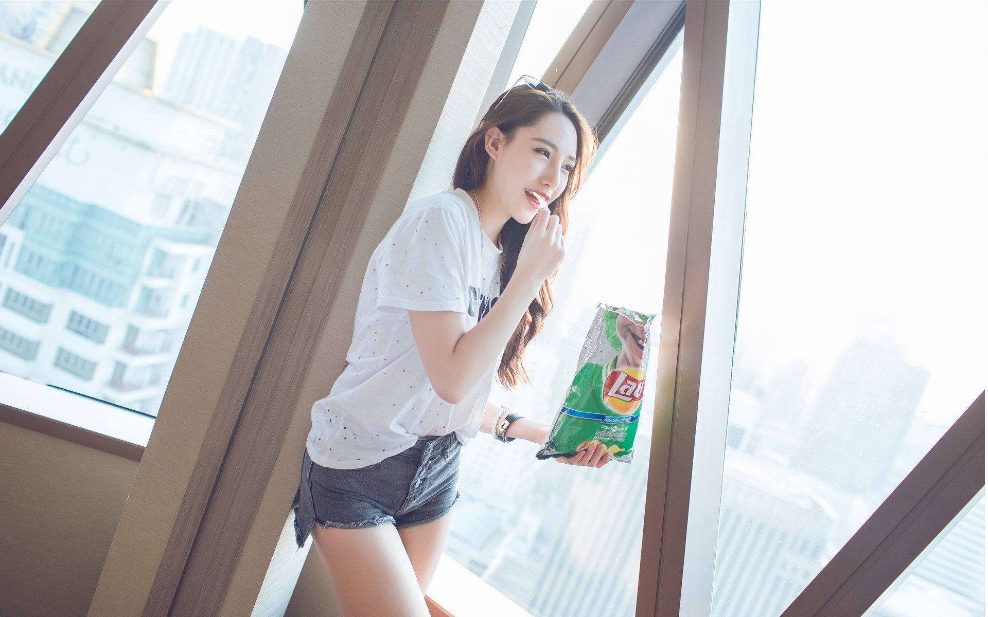 美女,可爱,俏皮,薯片