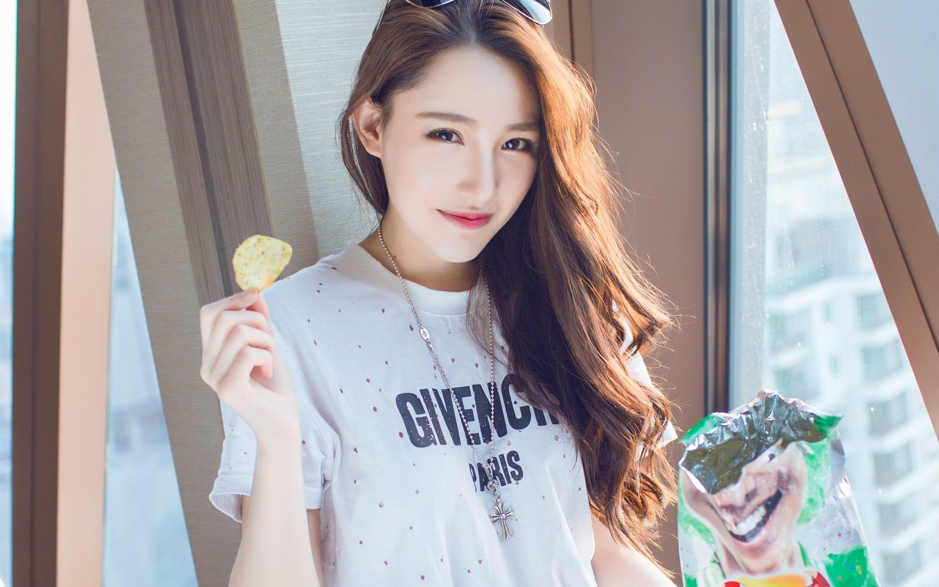 美女,可爱,俏皮,薯片