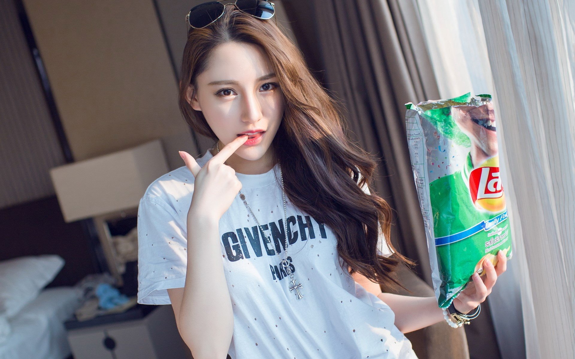 美女,可爱,俏皮,薯片