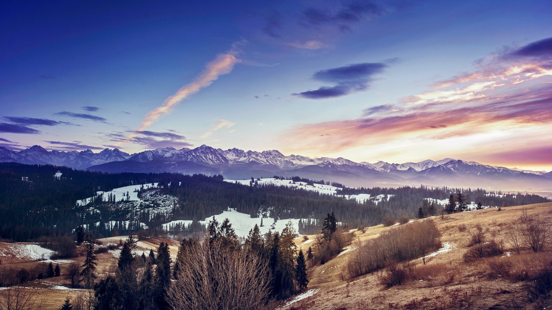 风景,风光,雪山,落日,森林