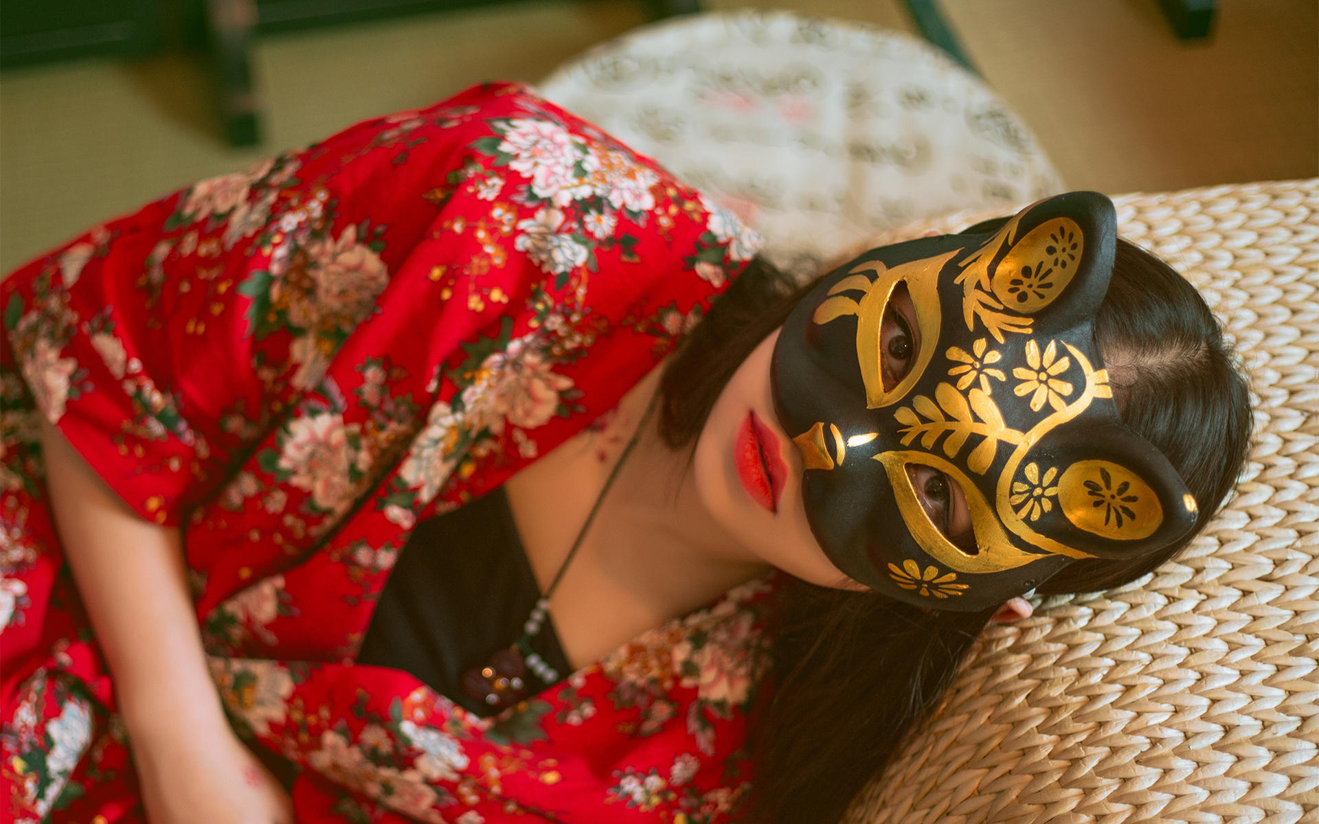 文艺古风,清纯,可爱,红色汉服,面具