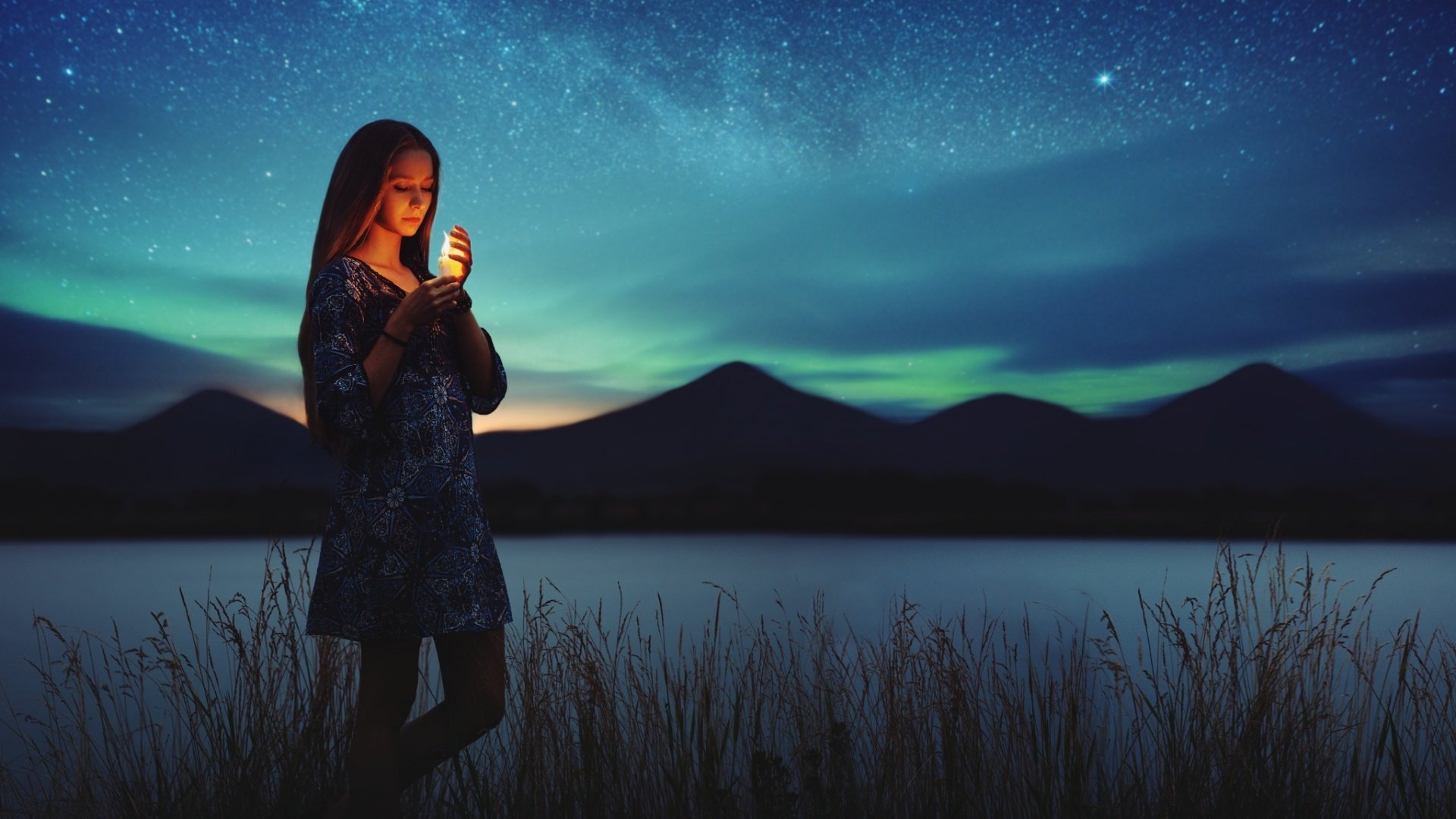 美女,夜景,湖光