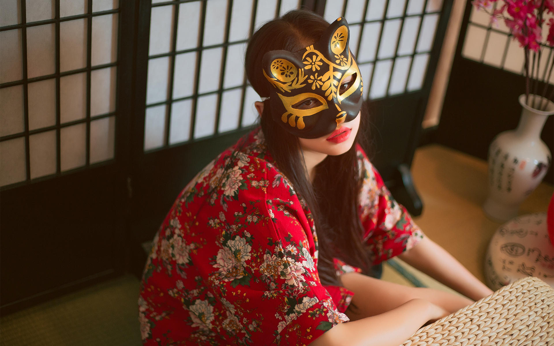 文艺古风,清纯,可爱,红色汉服,面具