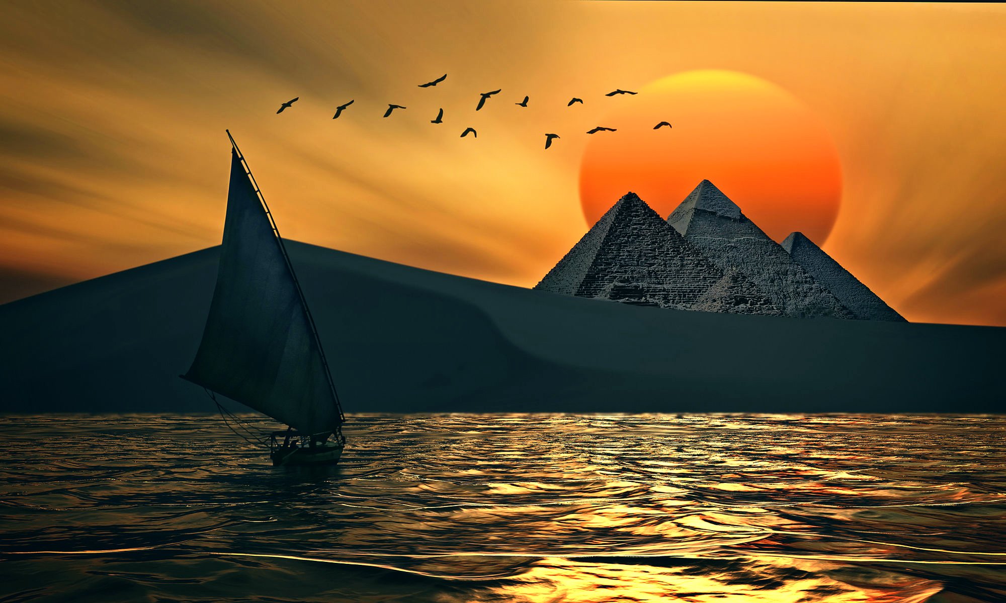 手绘,夕阳,大海,帆船