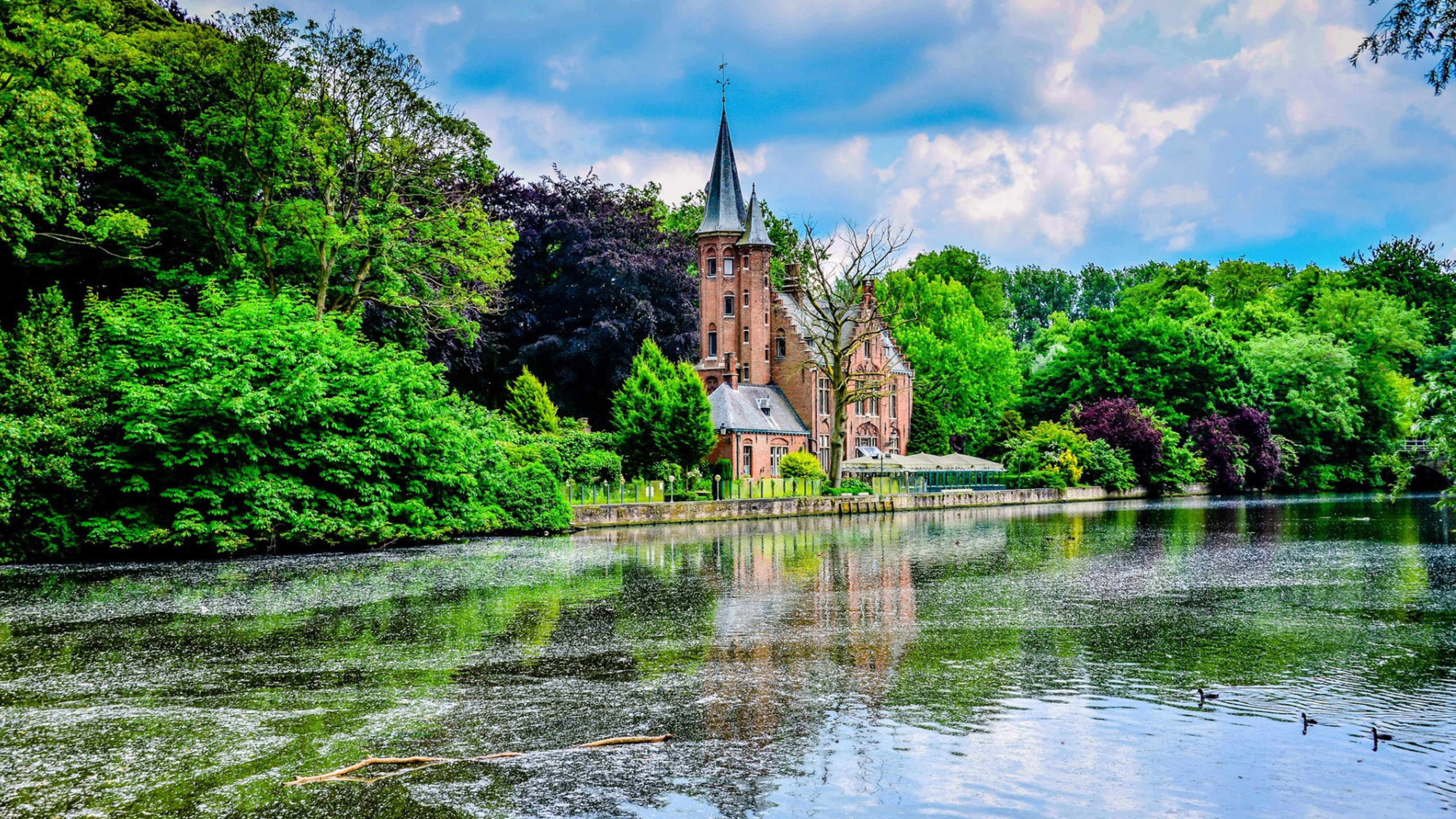 建筑,河流,树林,绿色