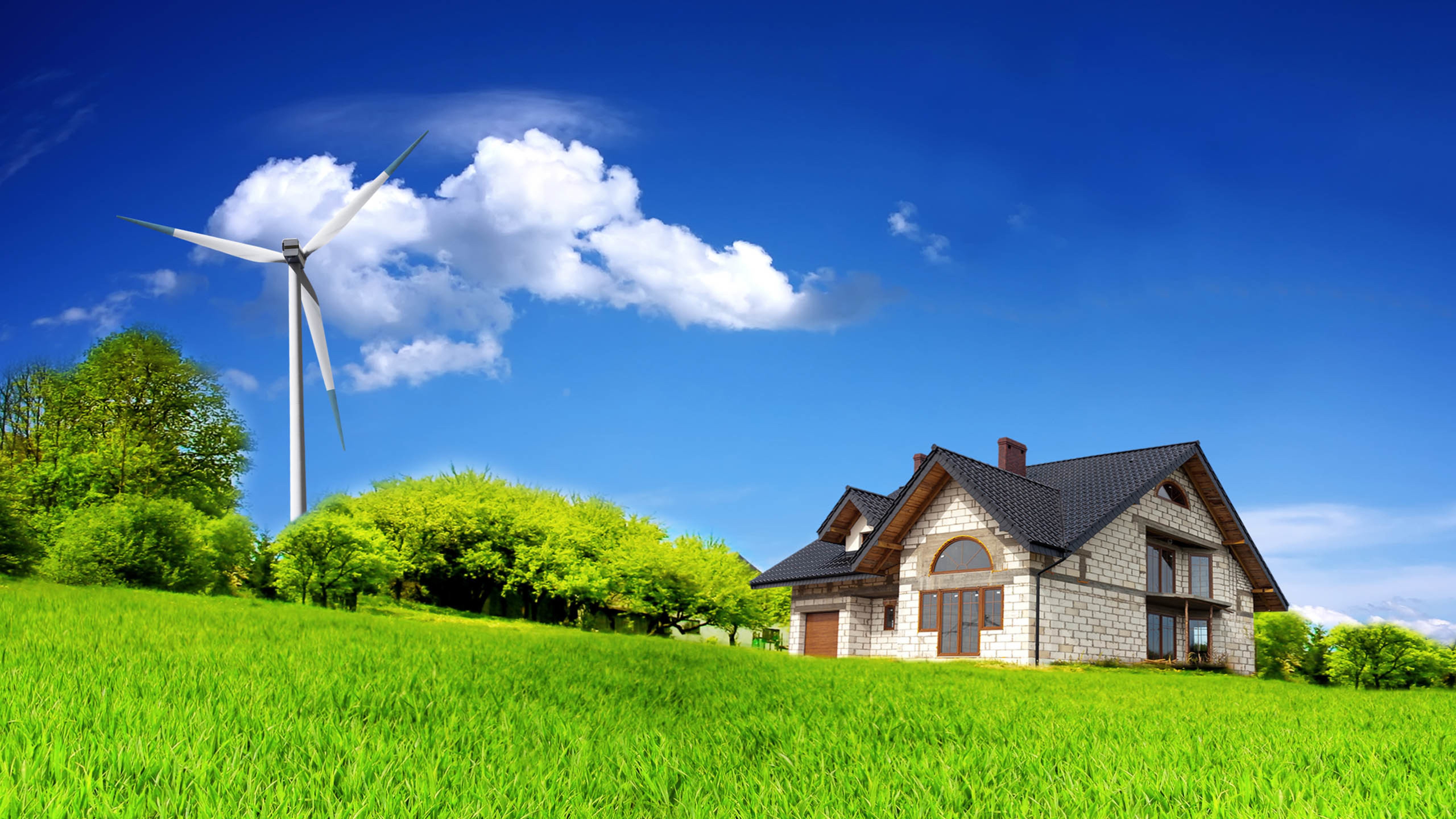 房屋,白云蓝天,草地,风车