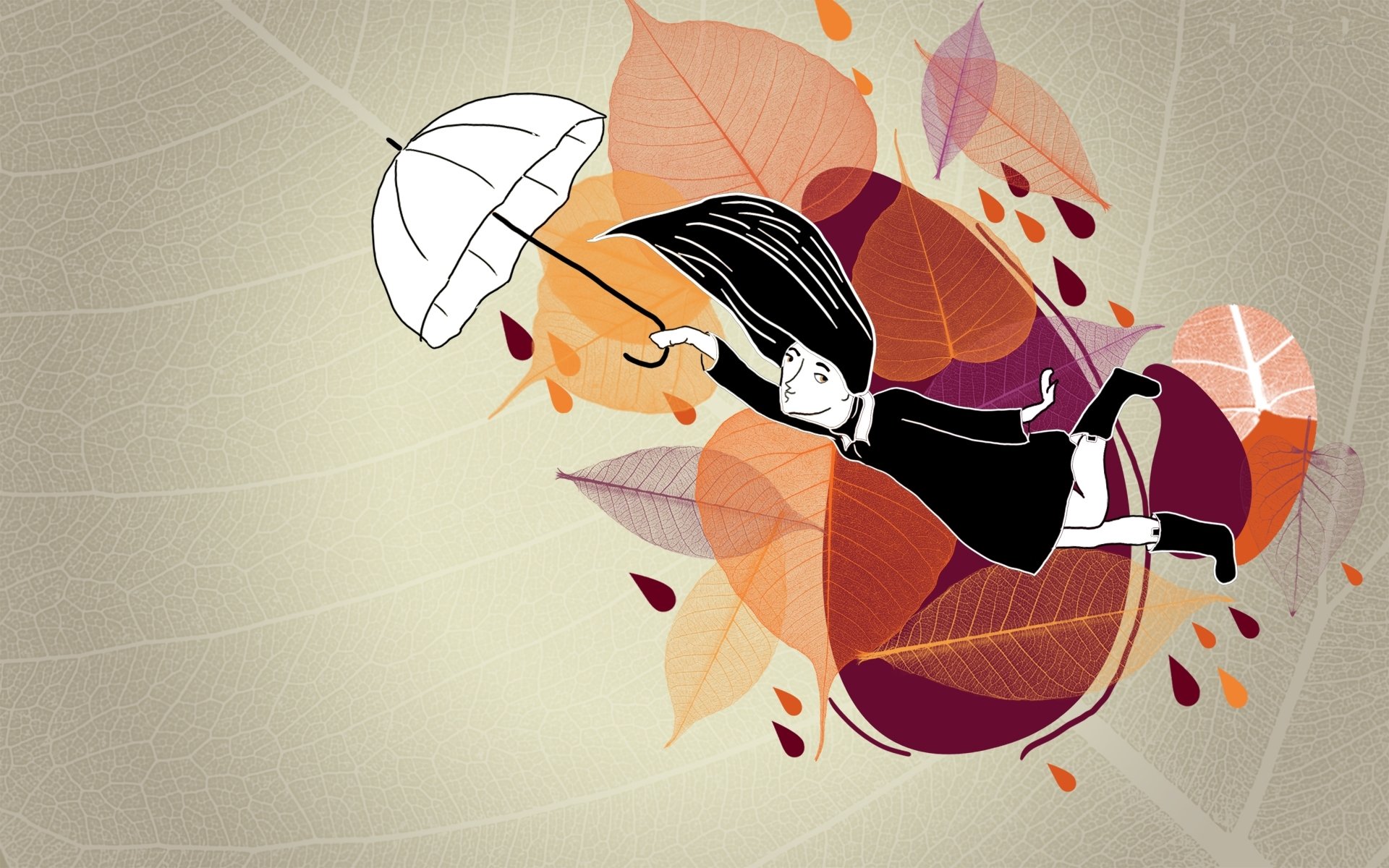 手绘,树叶,雨伞