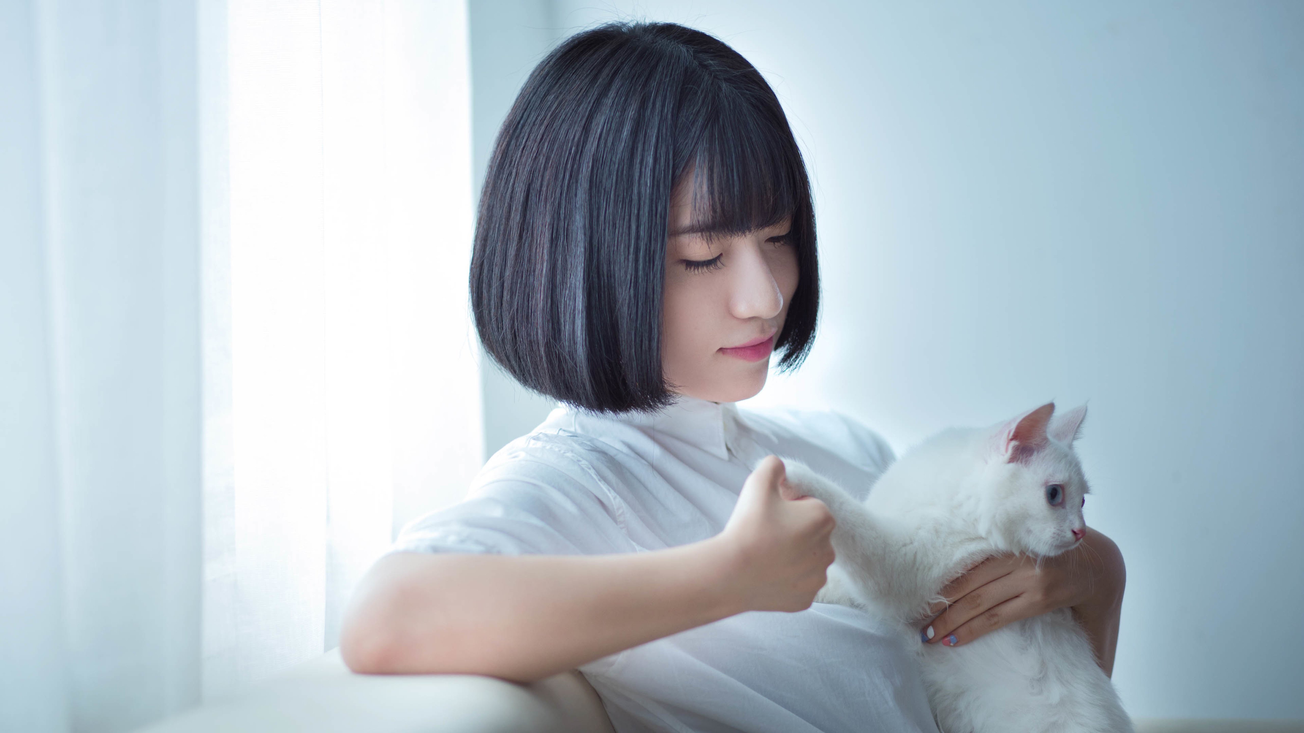 短发美女和白色猫咪