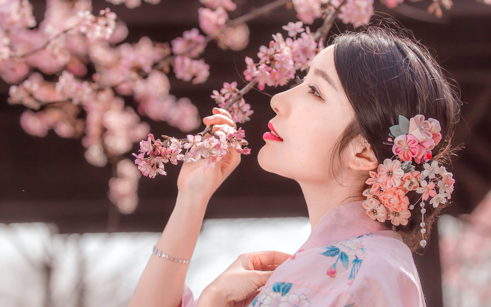 文艺古风,桃花,意境,唯美,和服