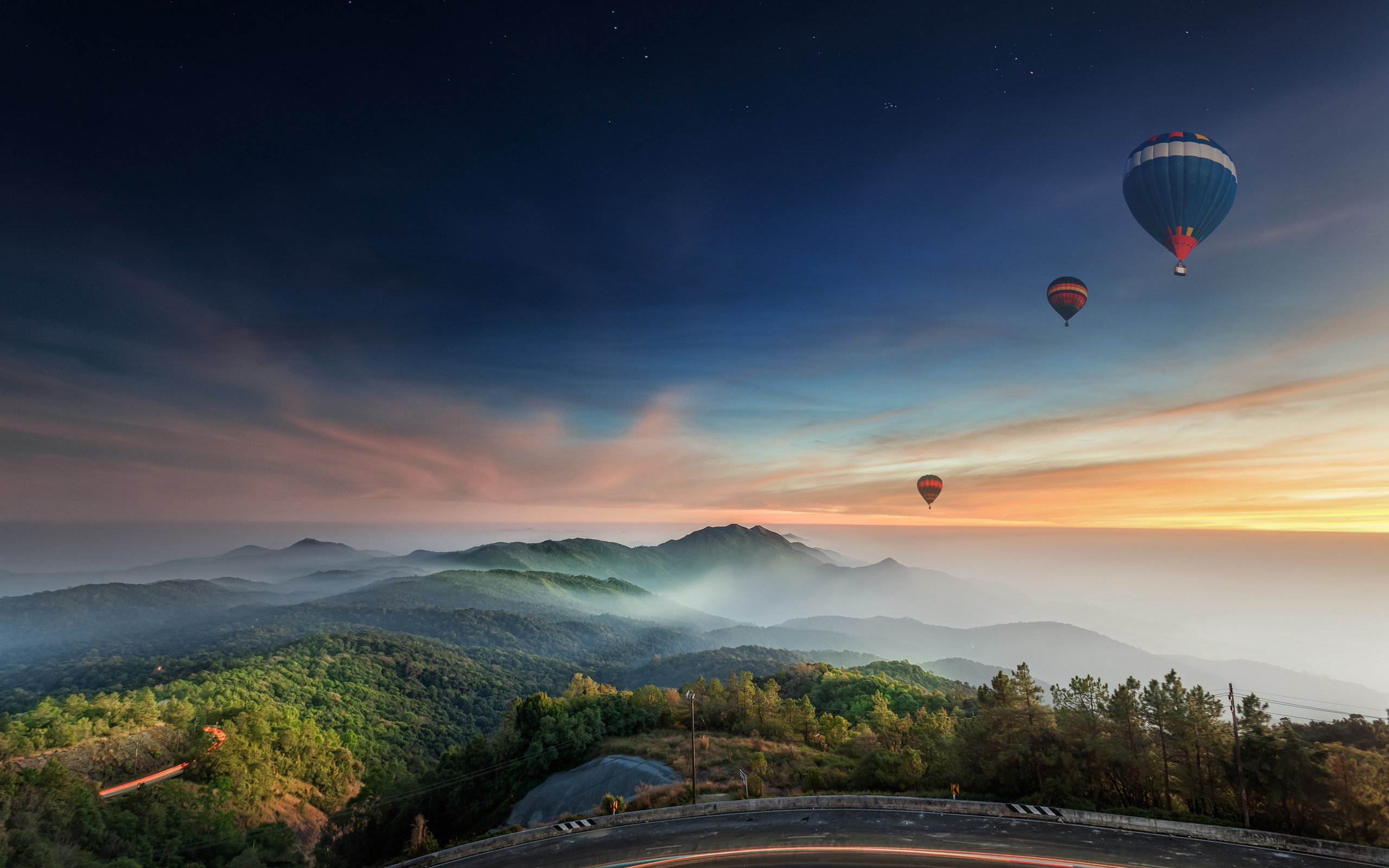 自然风光,森林,马路,星空,热气球