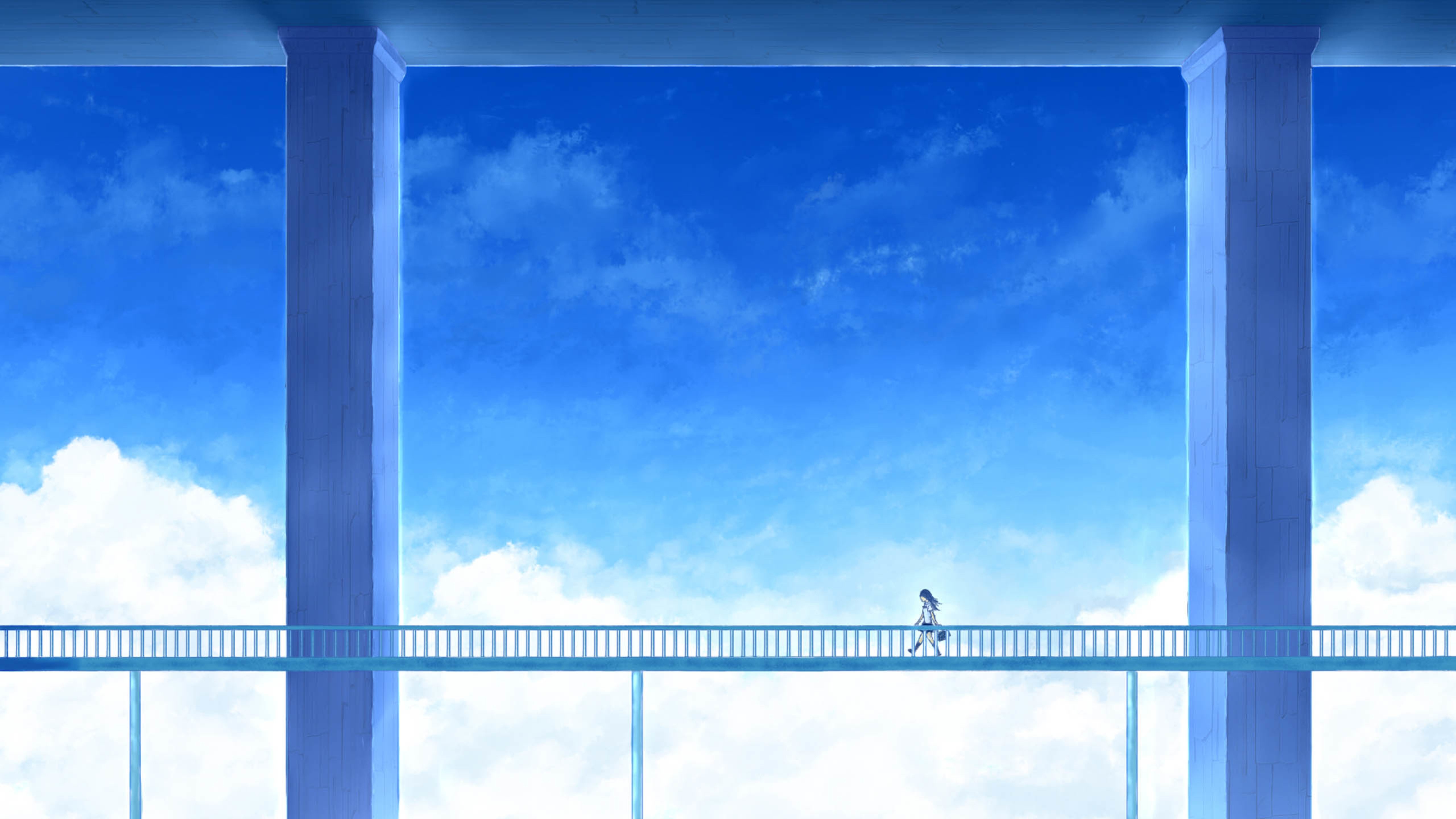 卡通,天桥上的女孩,蓝天白云