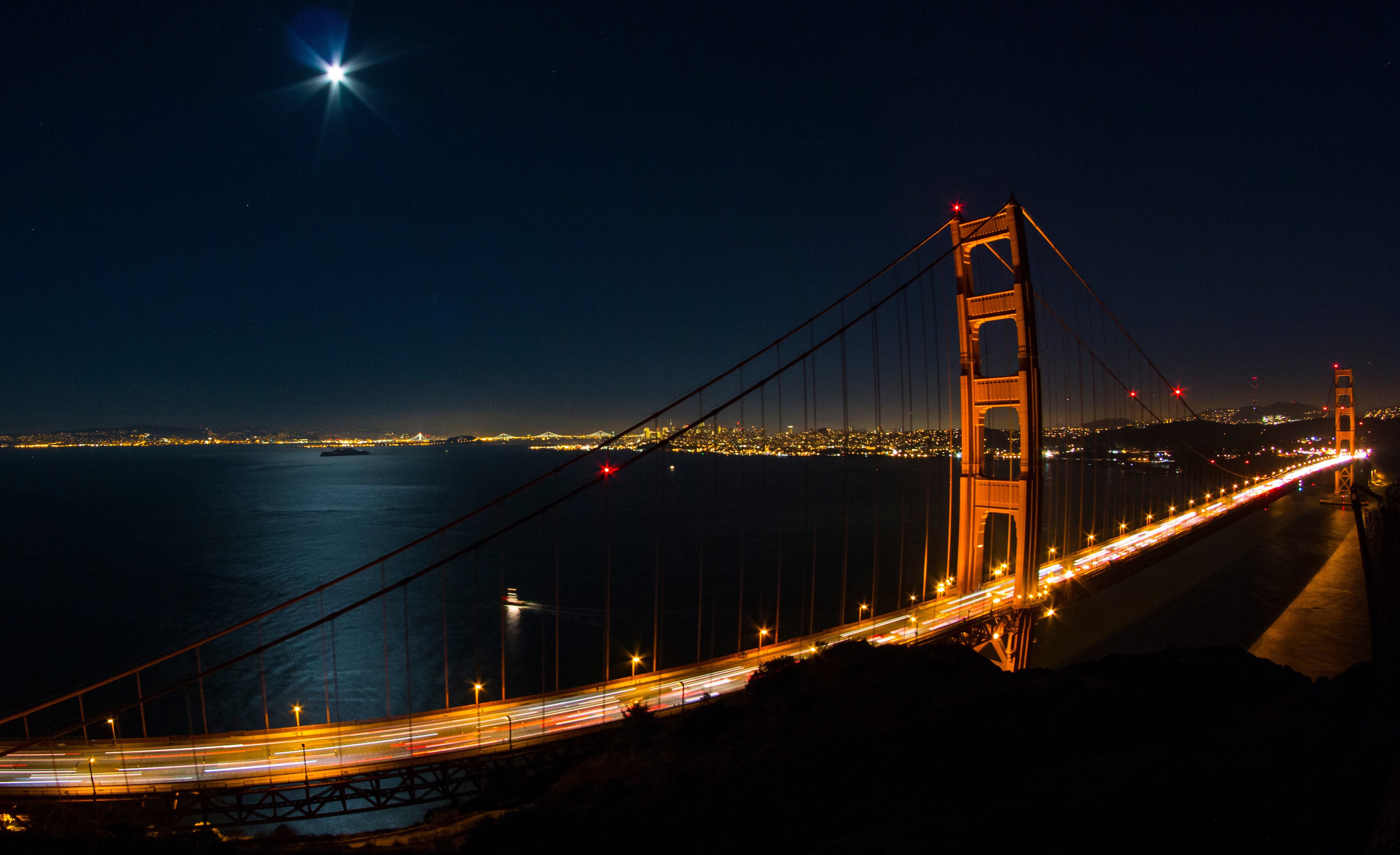 4K,夜晚,大桥,灯光