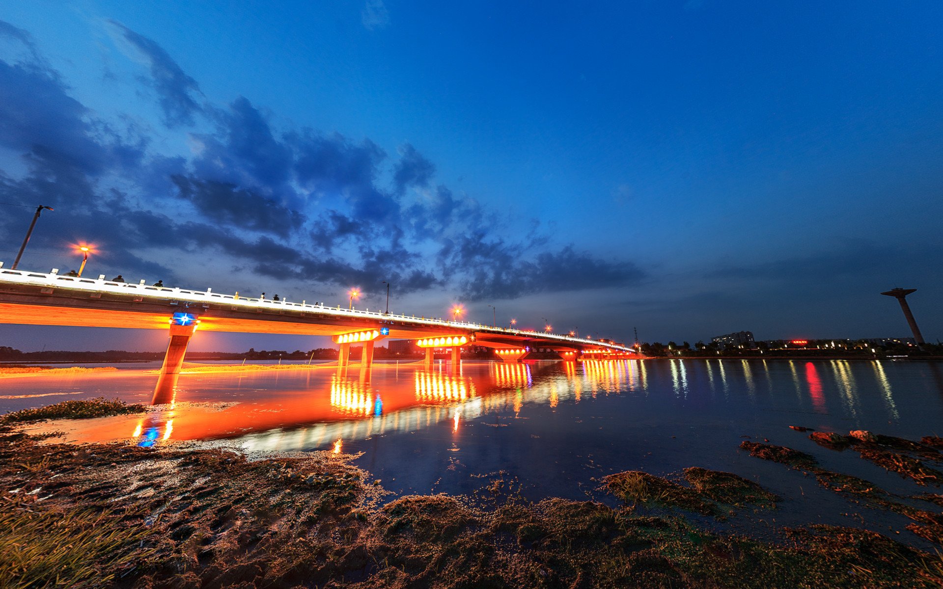 夜晚,灯光,江水