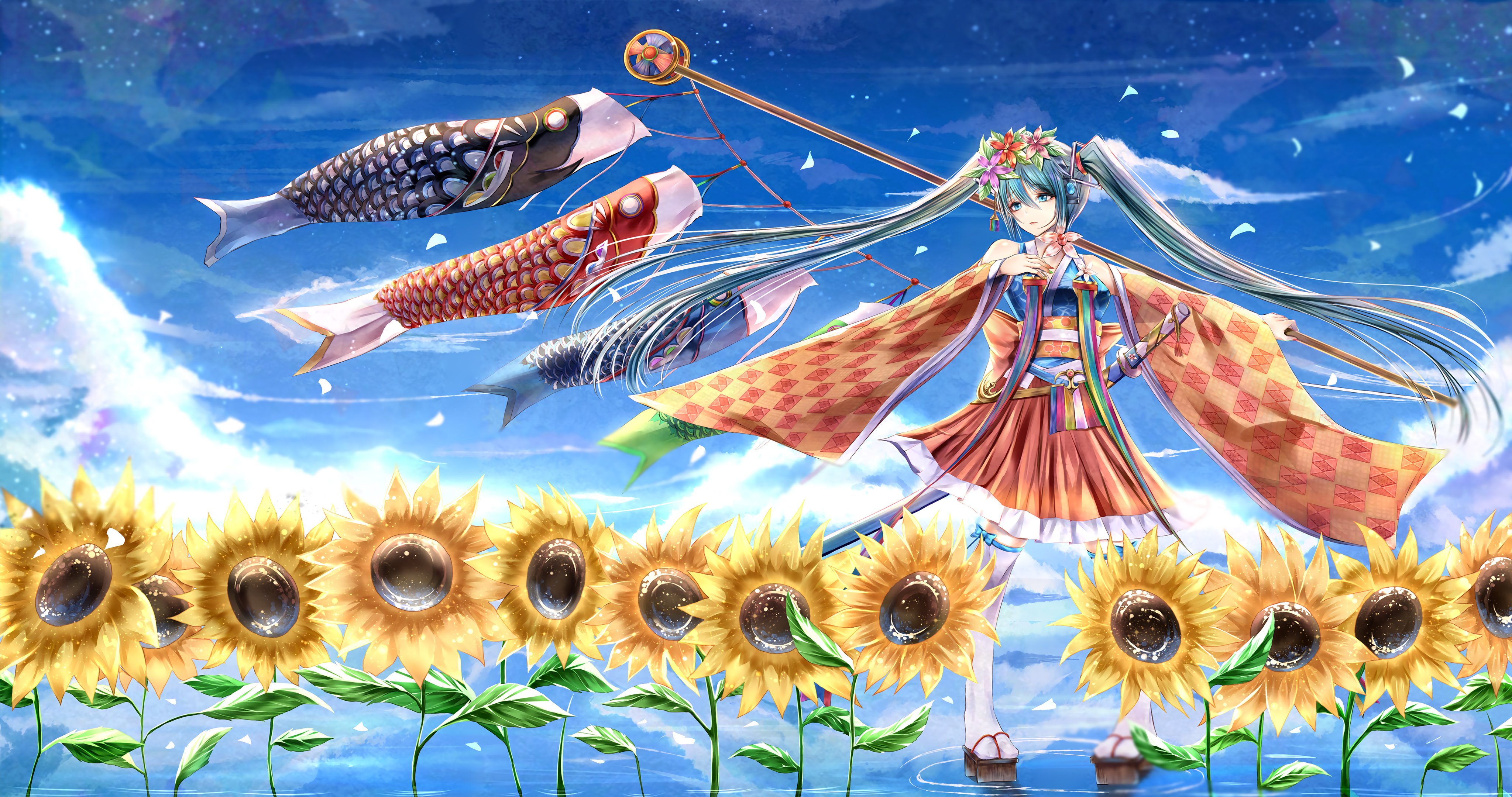 4K,动漫,少女,向日葵,鲤鱼旗