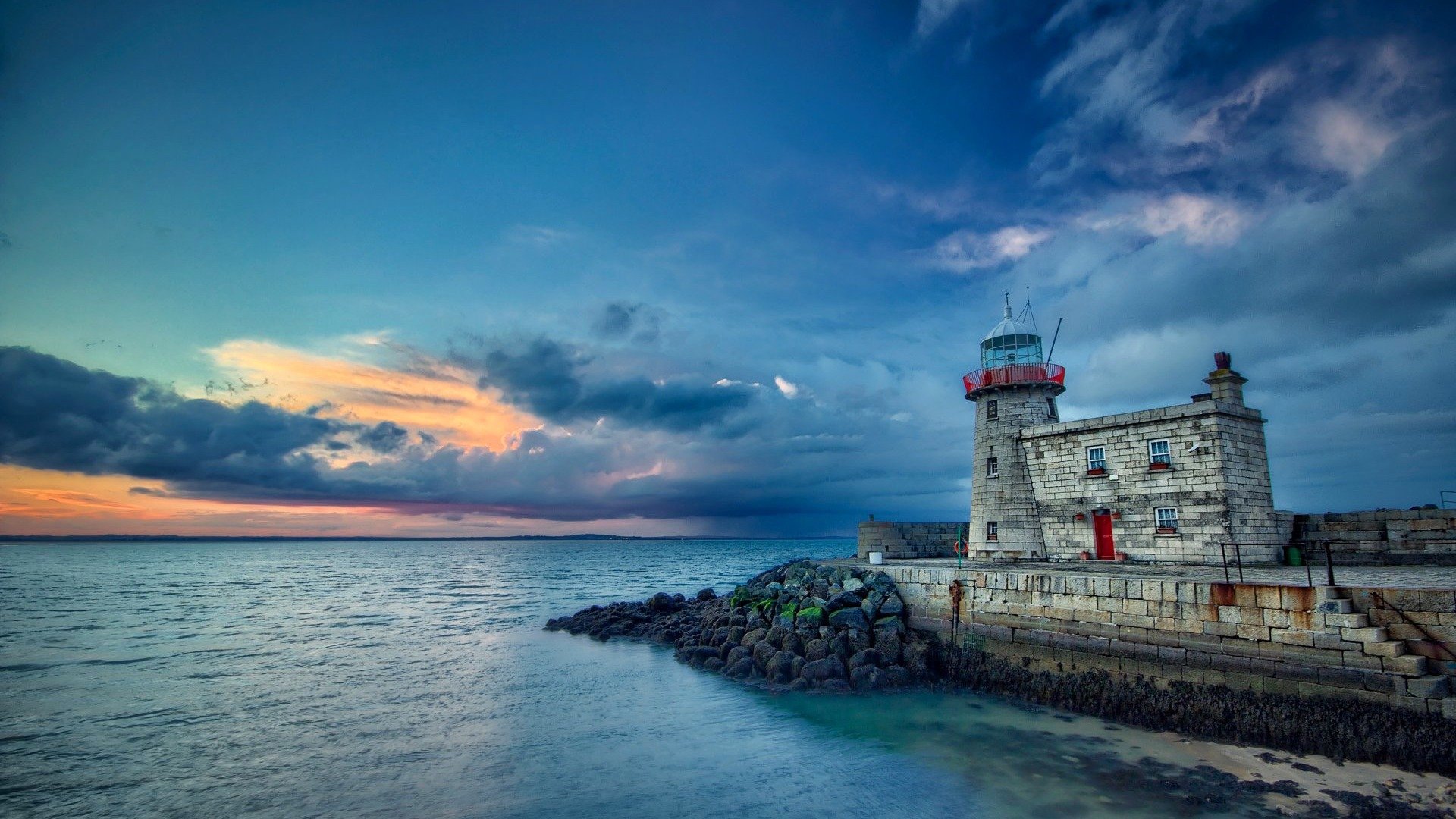风景,落日余晖,大海,码头,灯塔