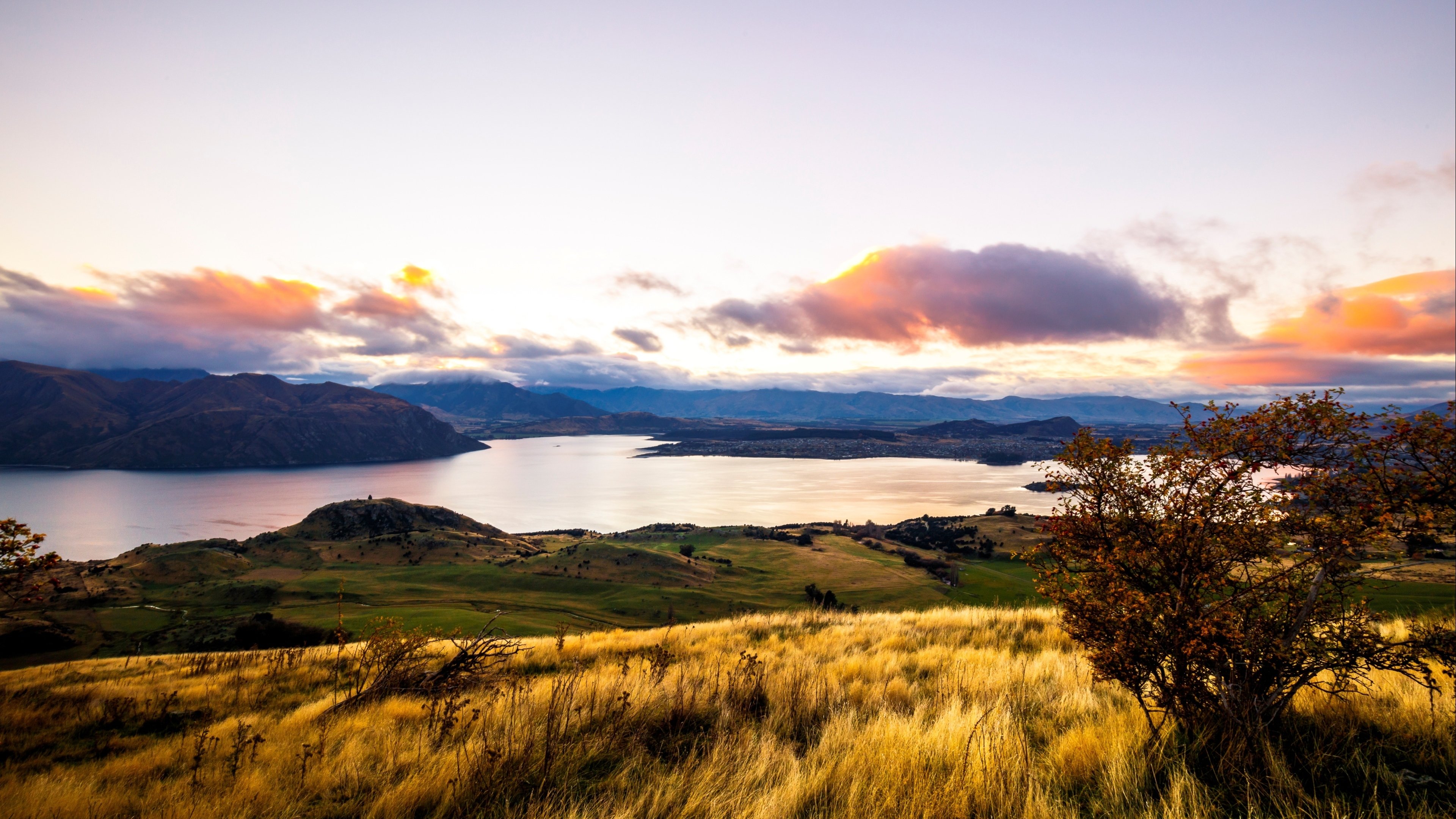4K,风景,湖泊,草地,夕阳,山川,湖光山色