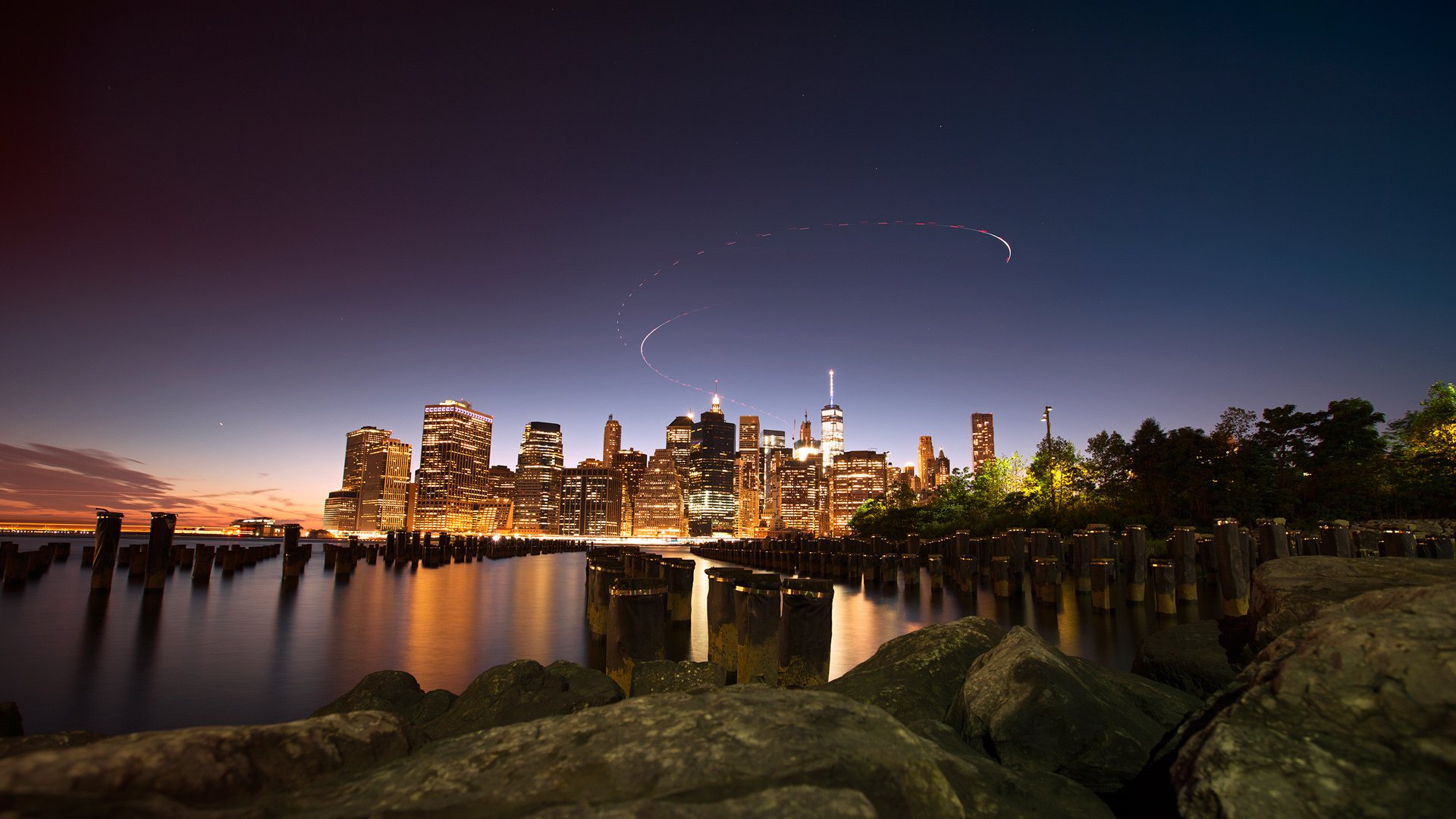 风景,城市夜景,夜晚的布鲁克林大桥公园,美国,纽约