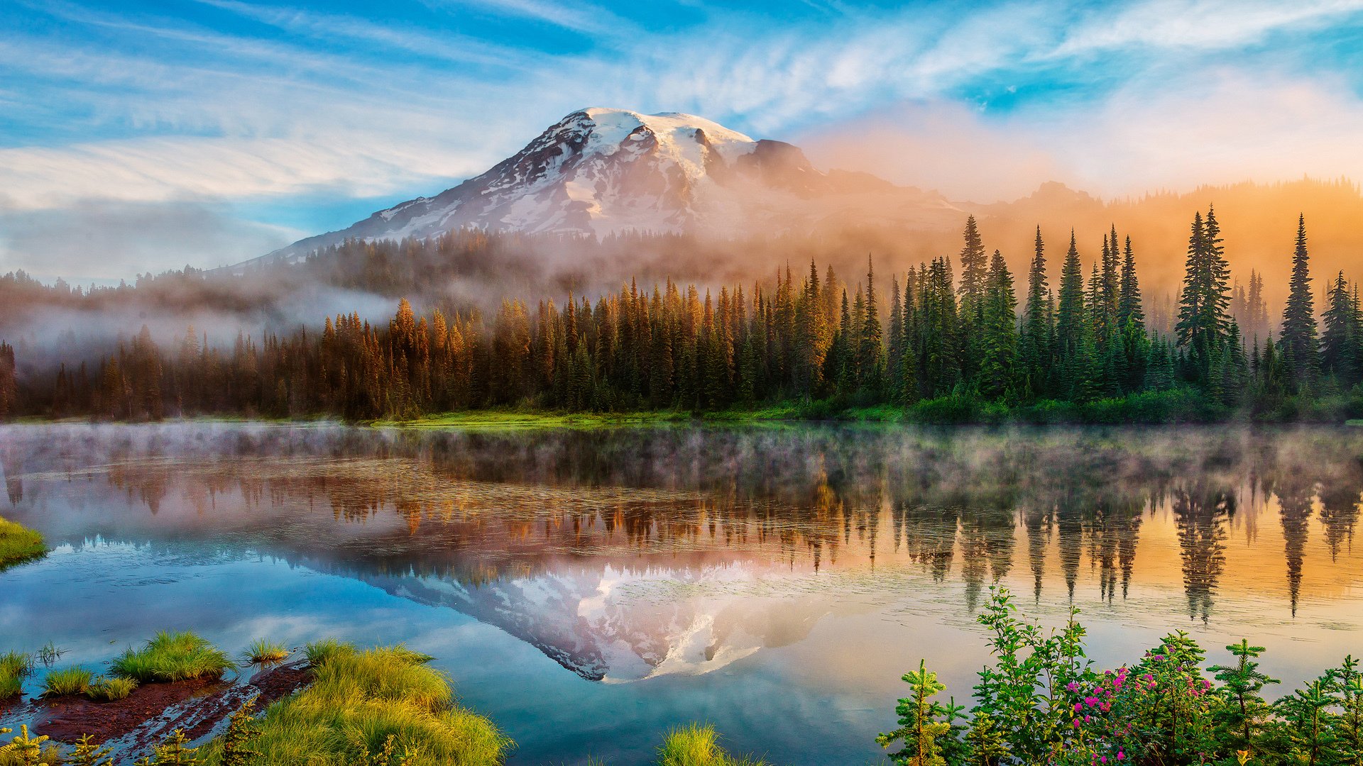 风景,自然风光,雷尼尔山,瀑布,山脉,山川