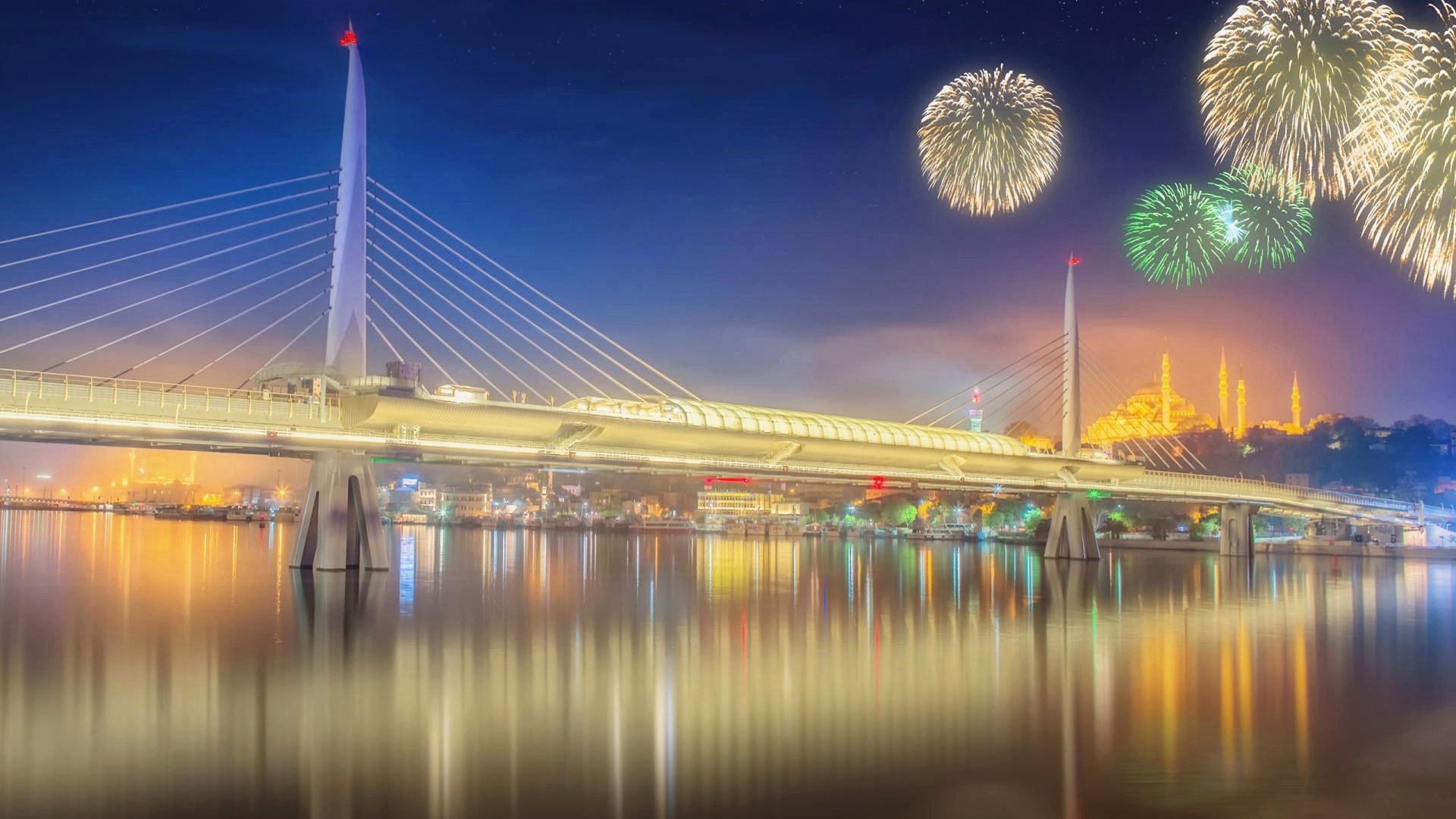 风景,城市夜景,烟花,大桥