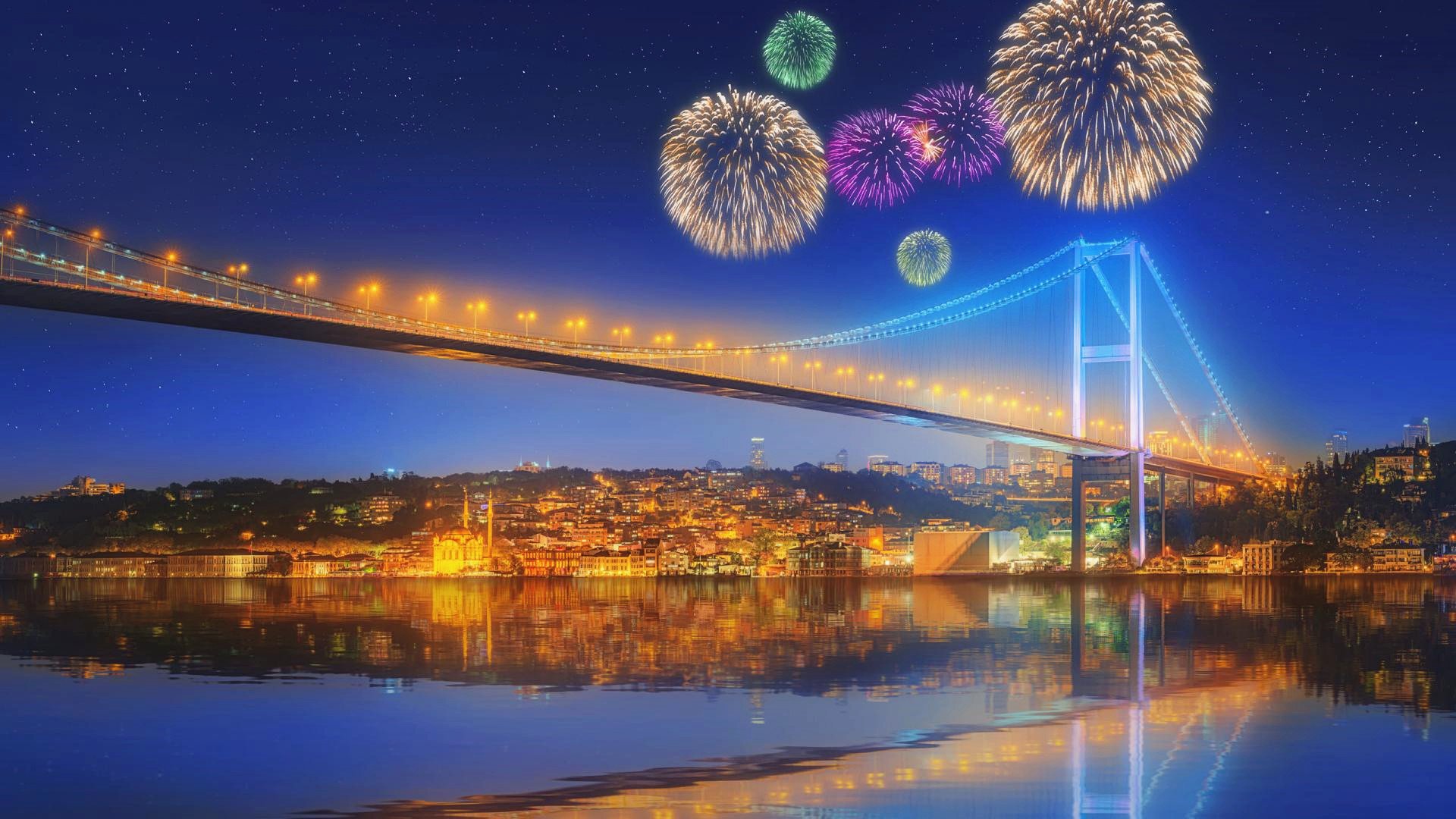 风景,城市夜景,烟花,大桥