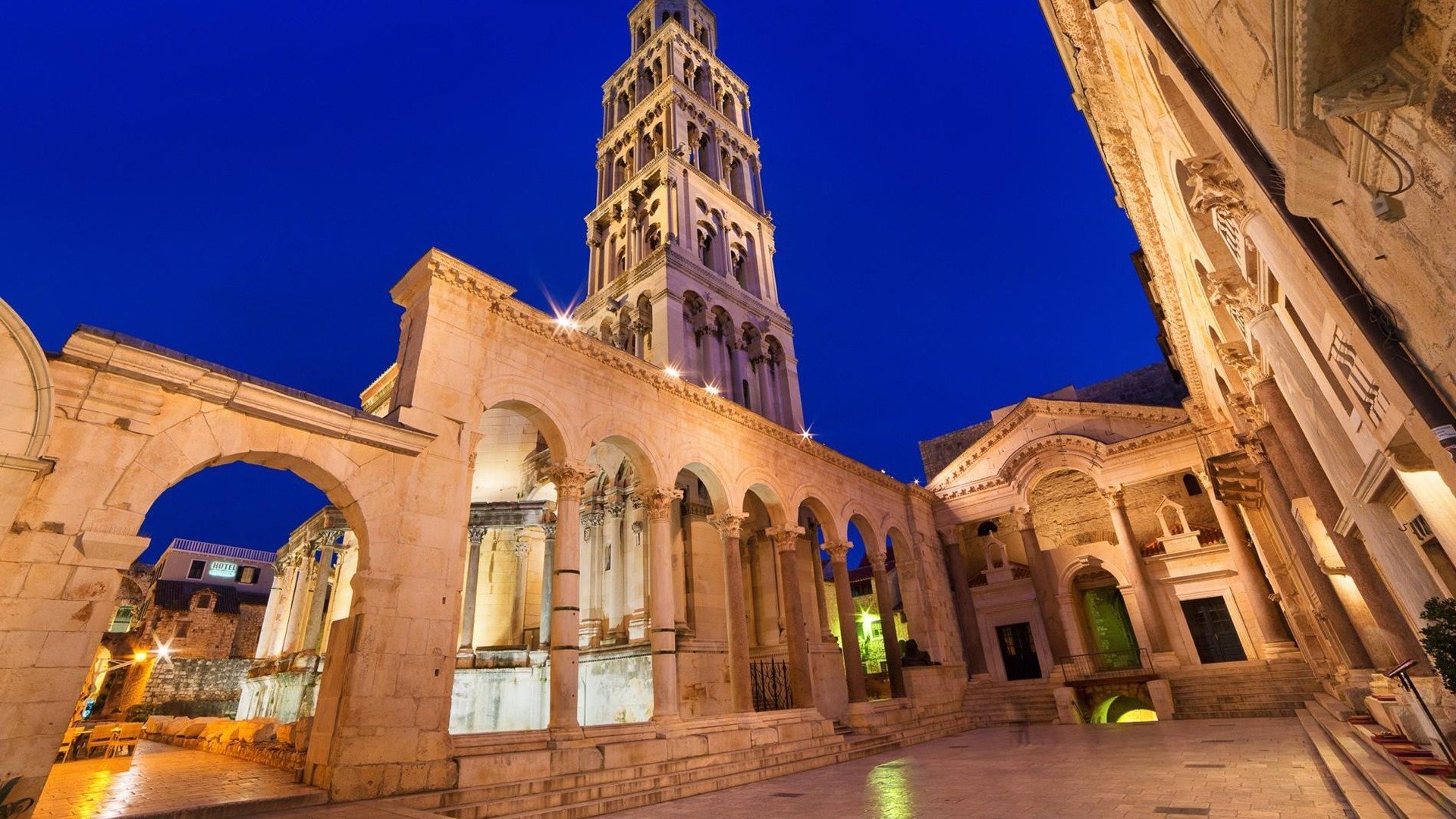 风景,建筑,城市夜景,戴克里曾宫,克罗地亚