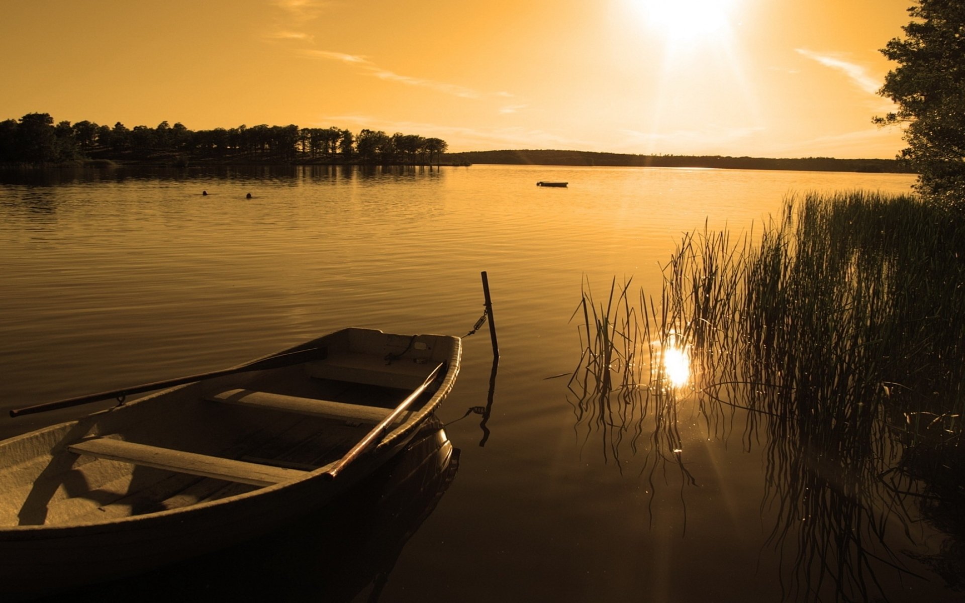 风景,落日余晖,夕阳,湖泊,船只