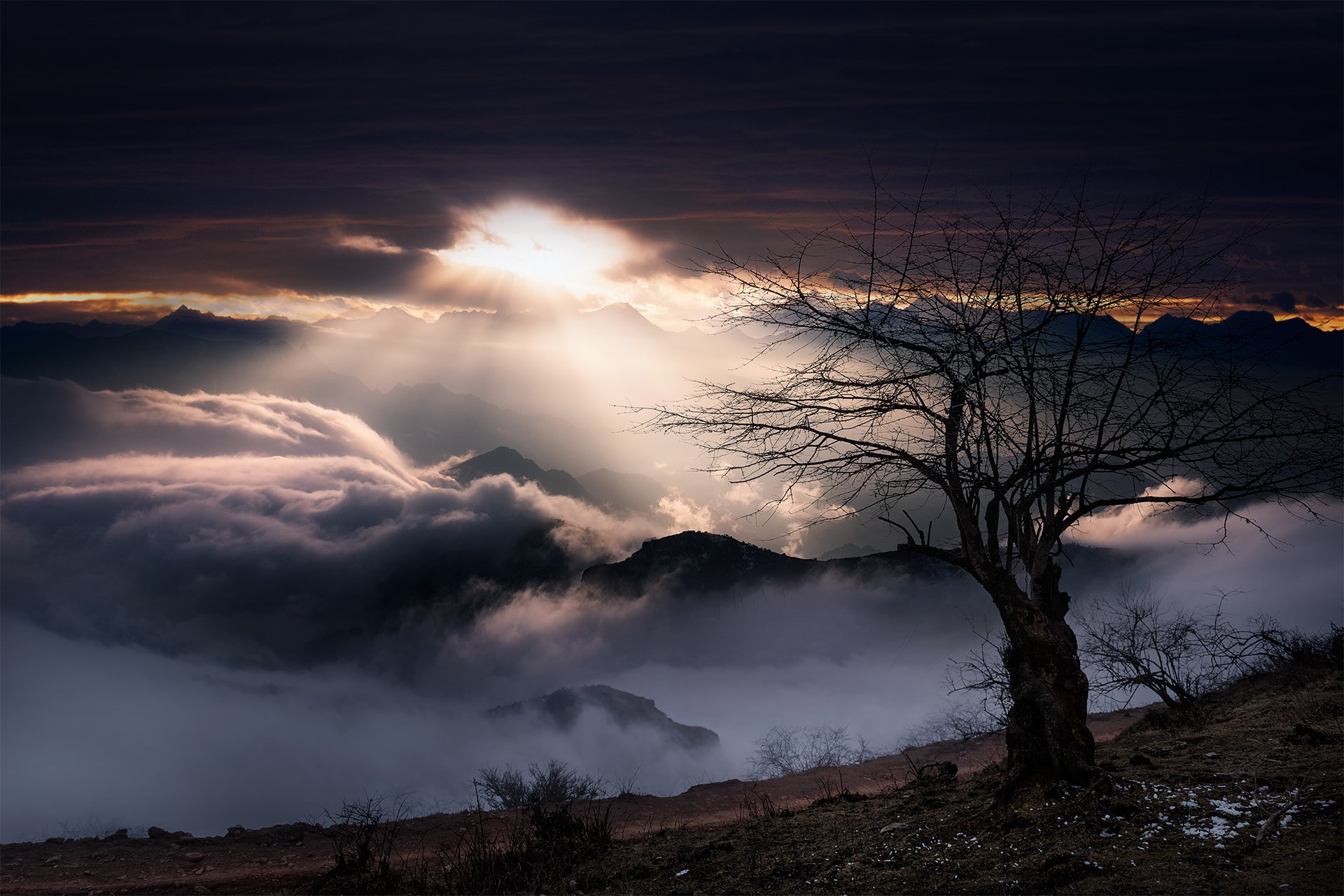 风景,雪山,小月坡,云雾,夕阳,朝阳