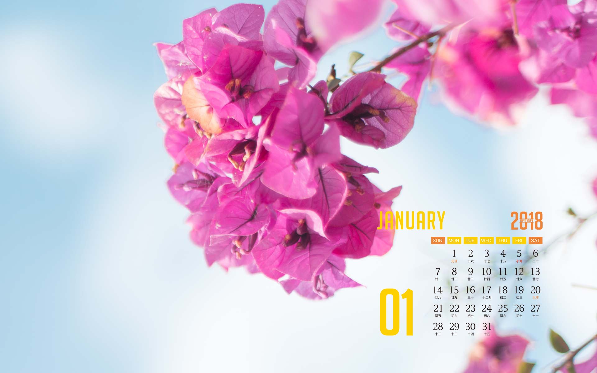 月历,2018年1月
