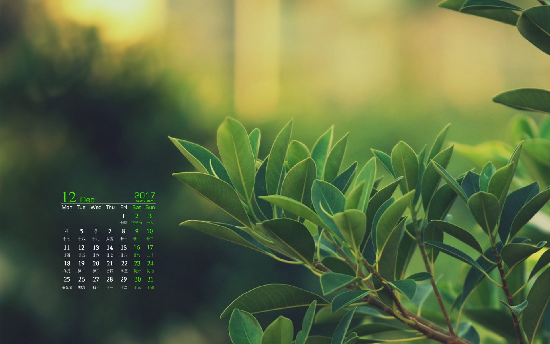 月历,2017年12月