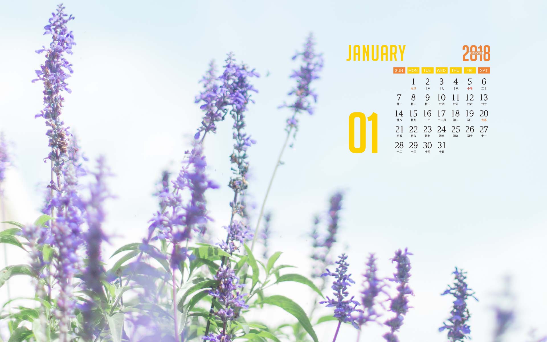 月历,2018年1月