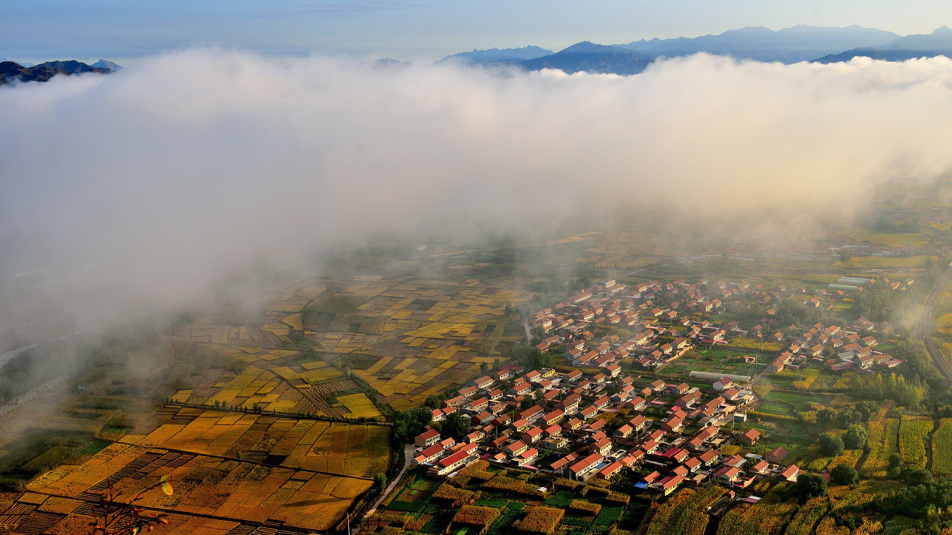 风景,云雾,航拍,田野,村庄