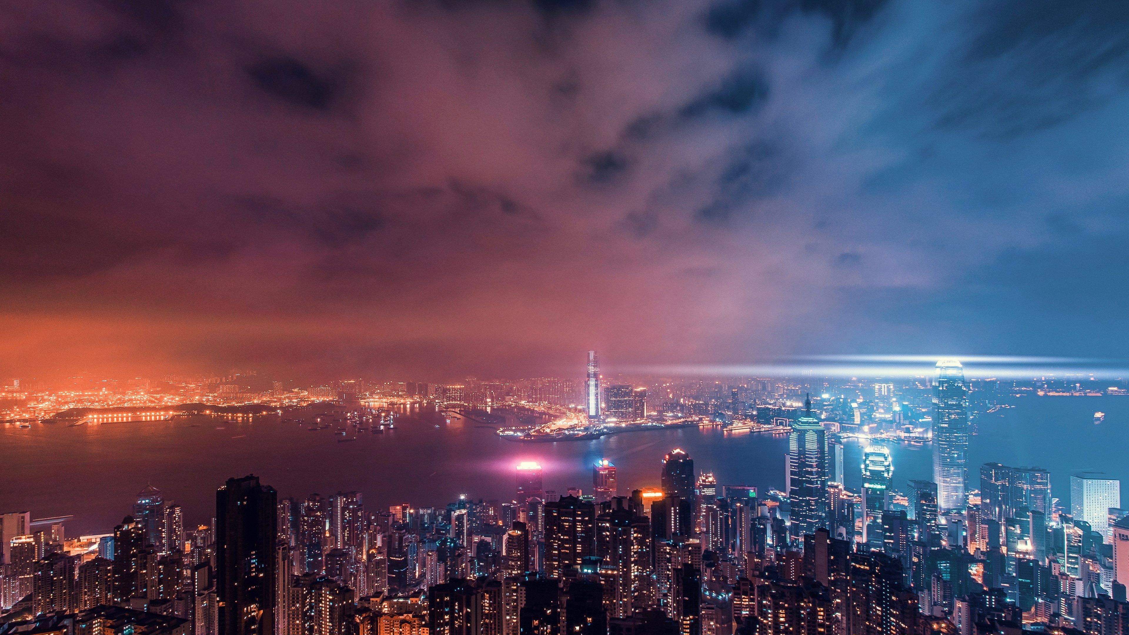 4K,城市夜景,建筑,香港,维多利亚港