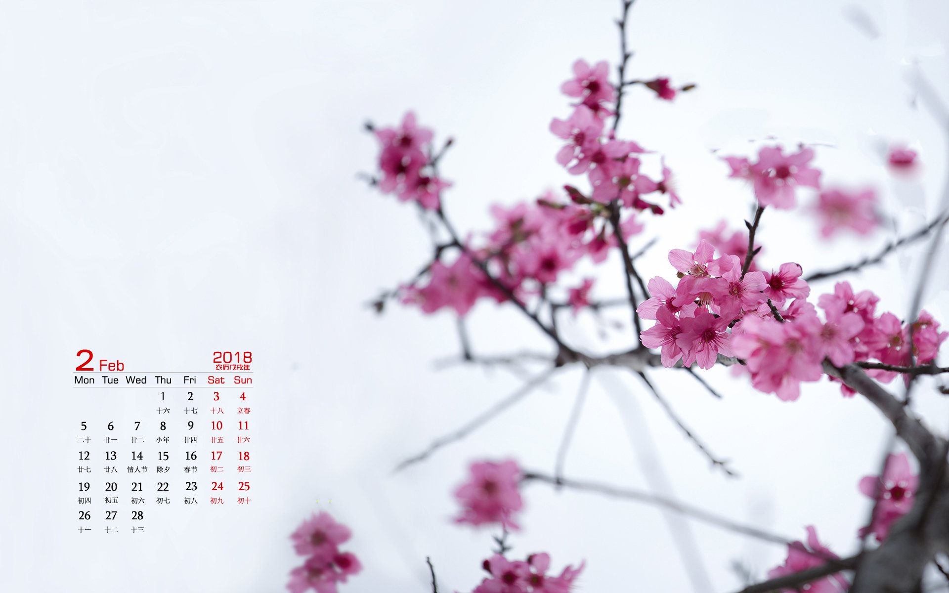 月历,2018年2月