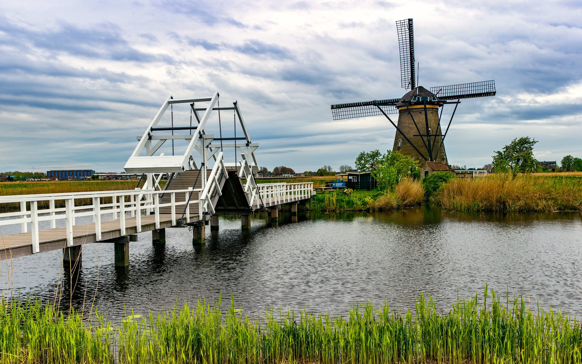 风景,自然风光,风车,河流,栈桥,荷兰