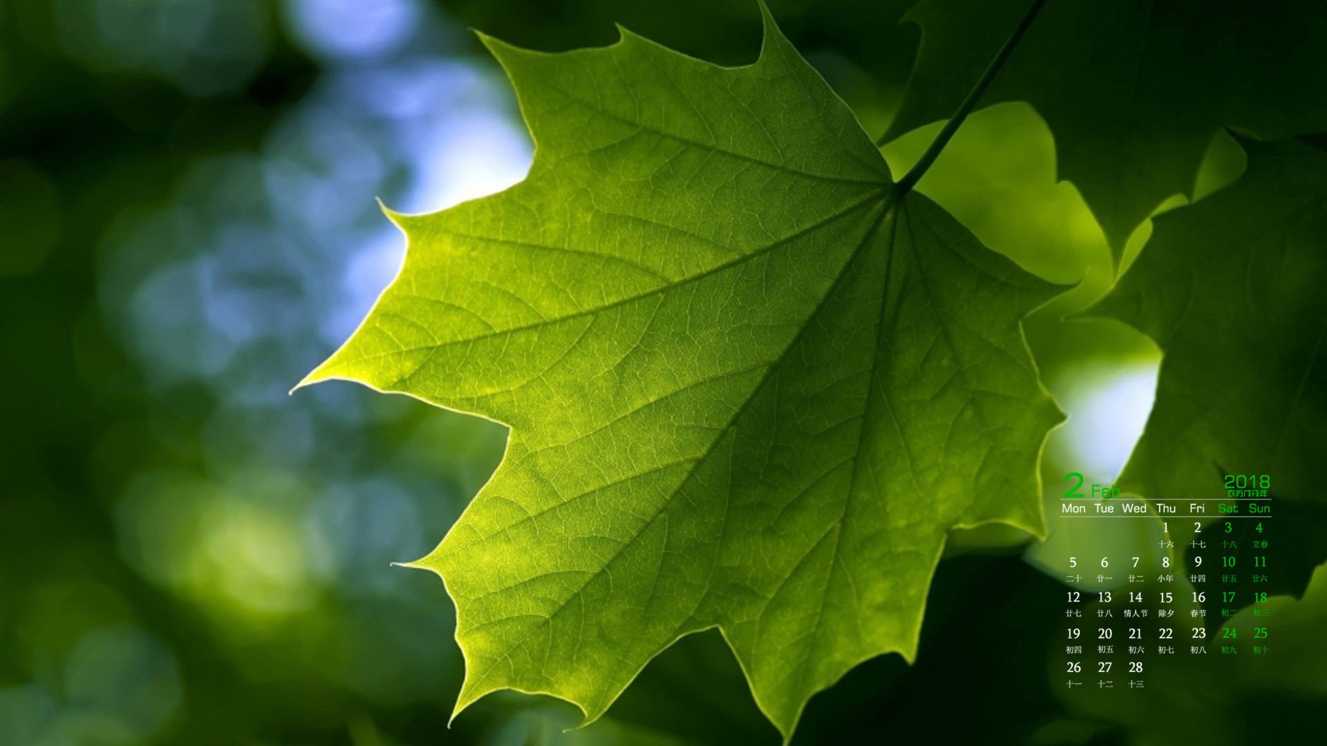 月历,2018年2月
