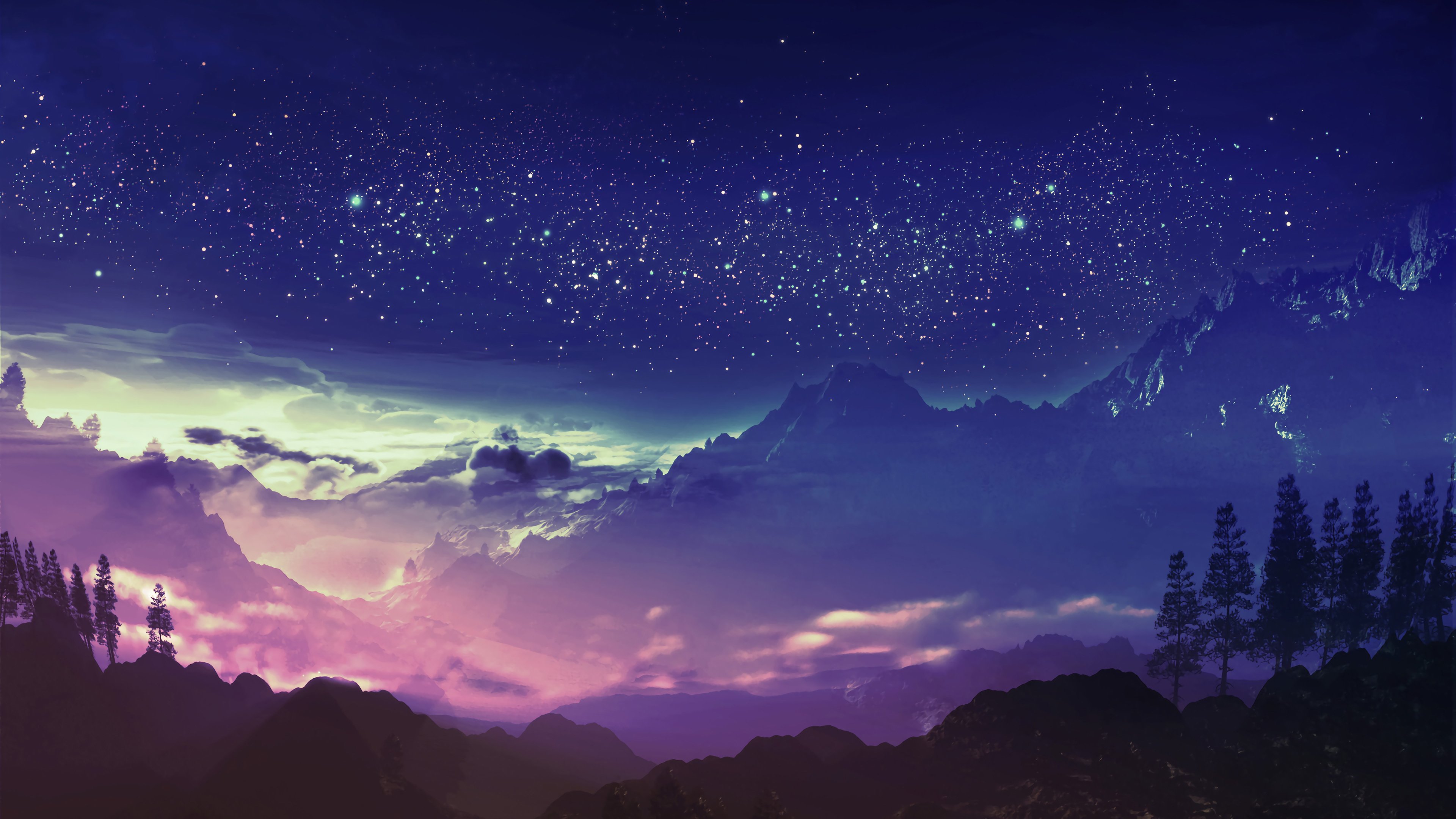 4K,风景,奇幻梦境,山峰,星空,繁星,云雾,夜晚