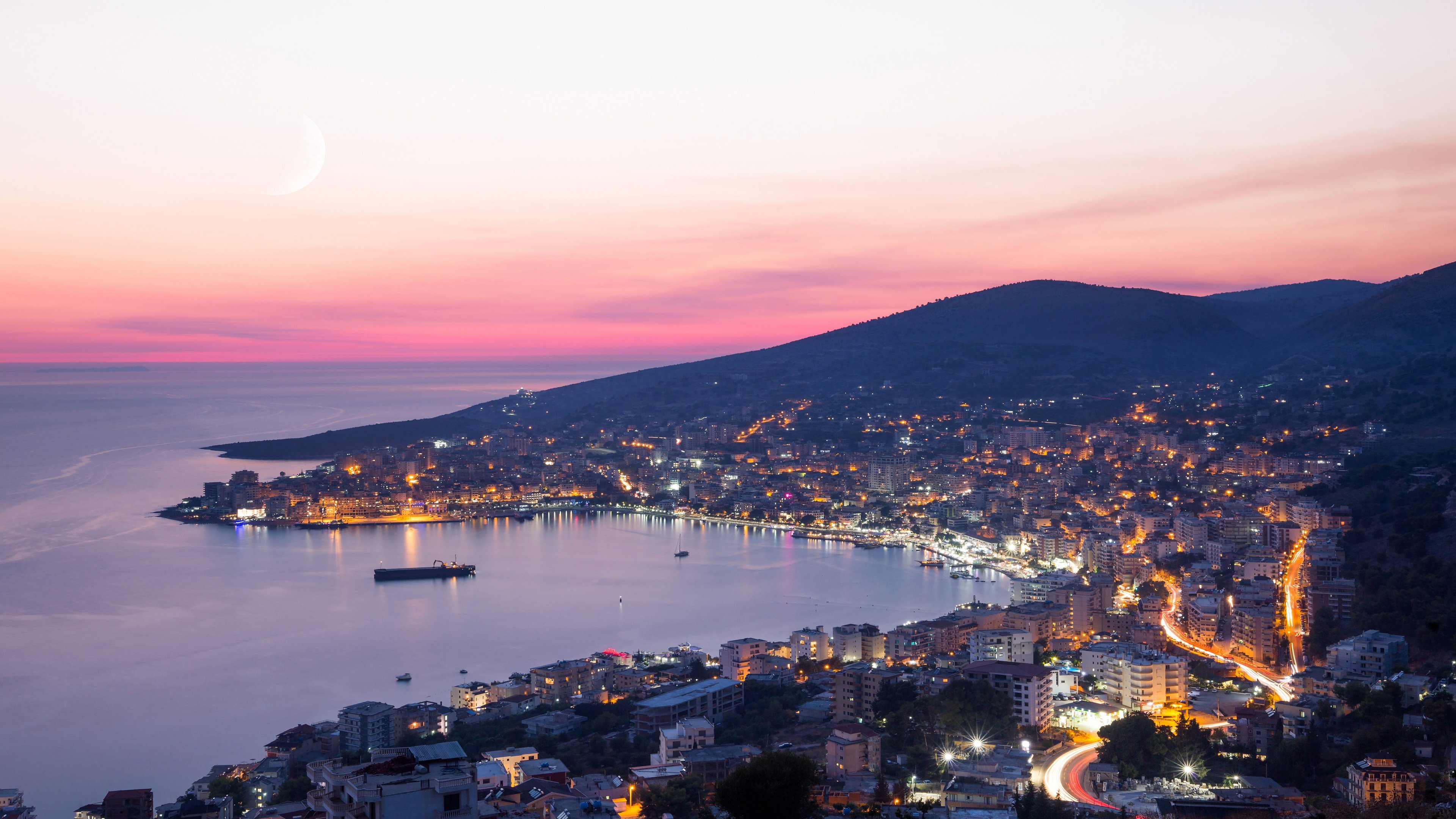 4K,城市夜景,海港,海岸,海湾