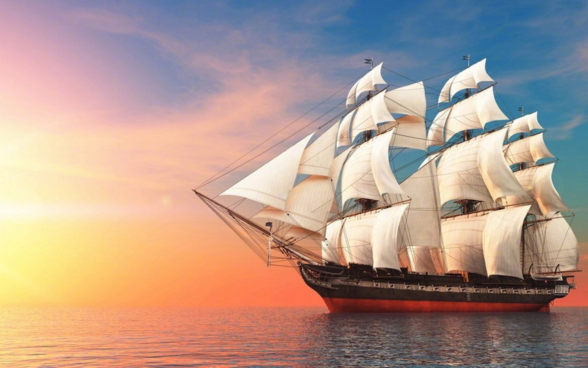 落日余晖,扬帆出行,帆船