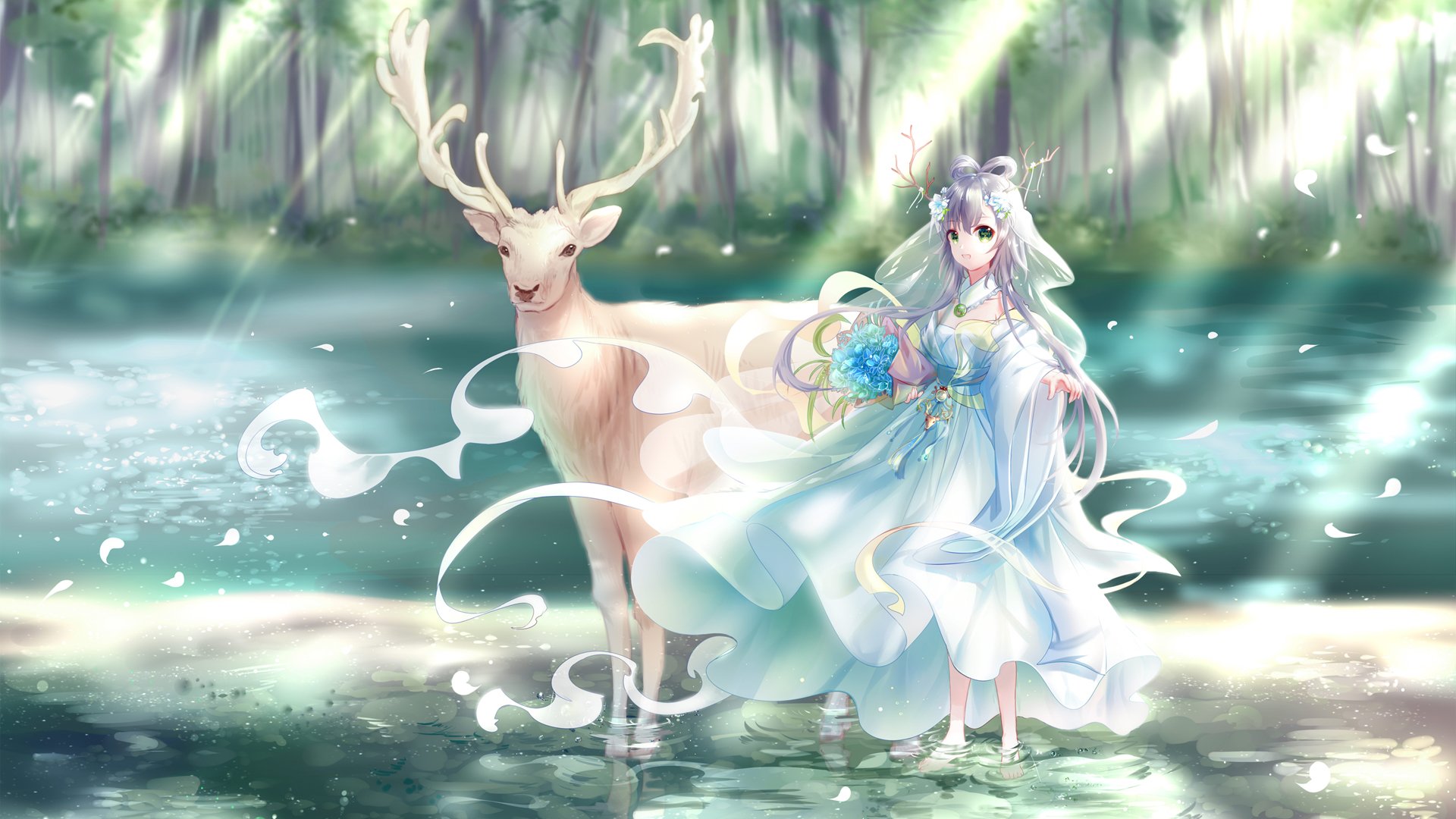 动漫,洛天依,森林,水上鹿,绿天依