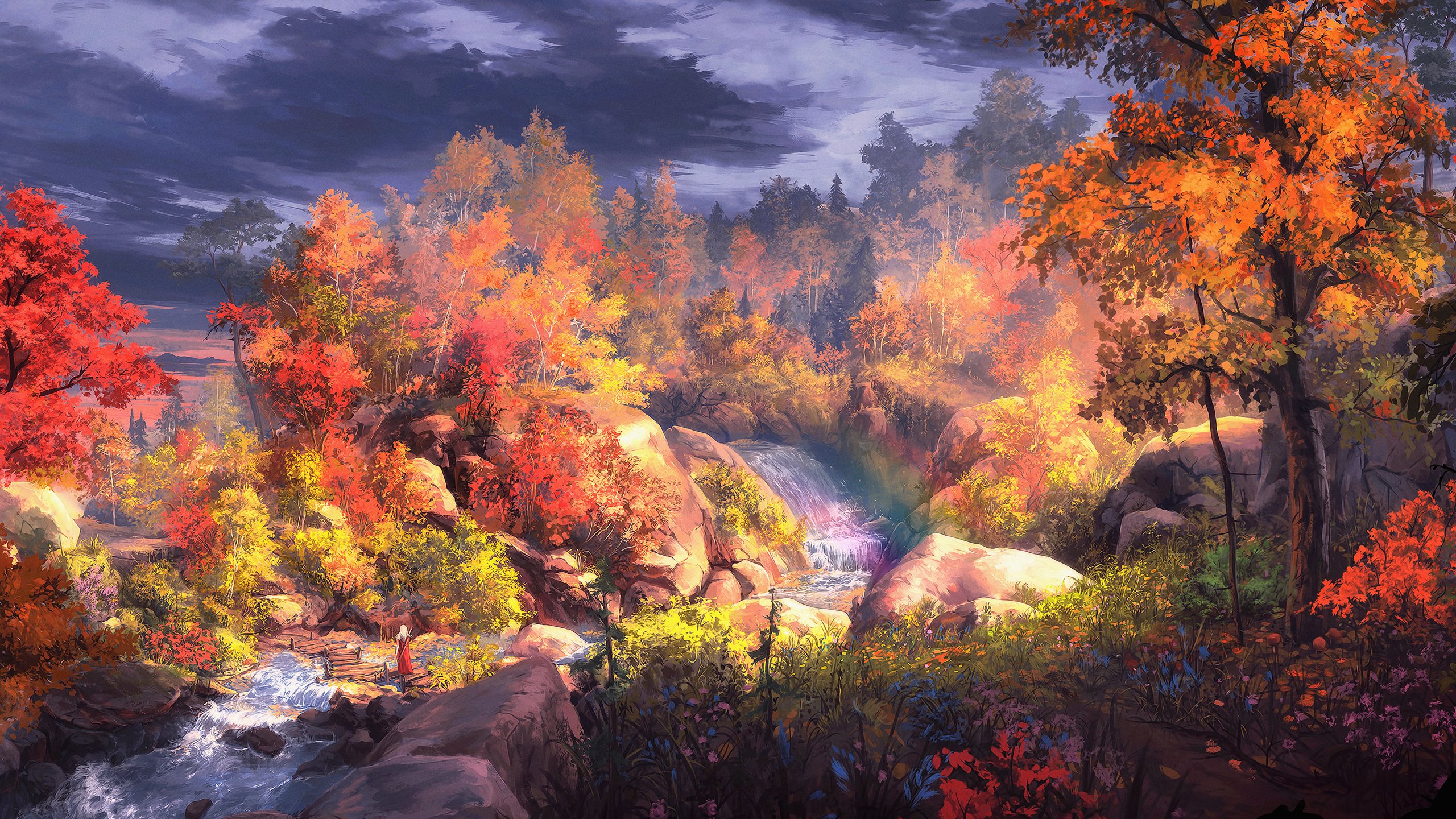 梦幻秋画,树,自然风景,小溪,瀑布,河流,秋天风景