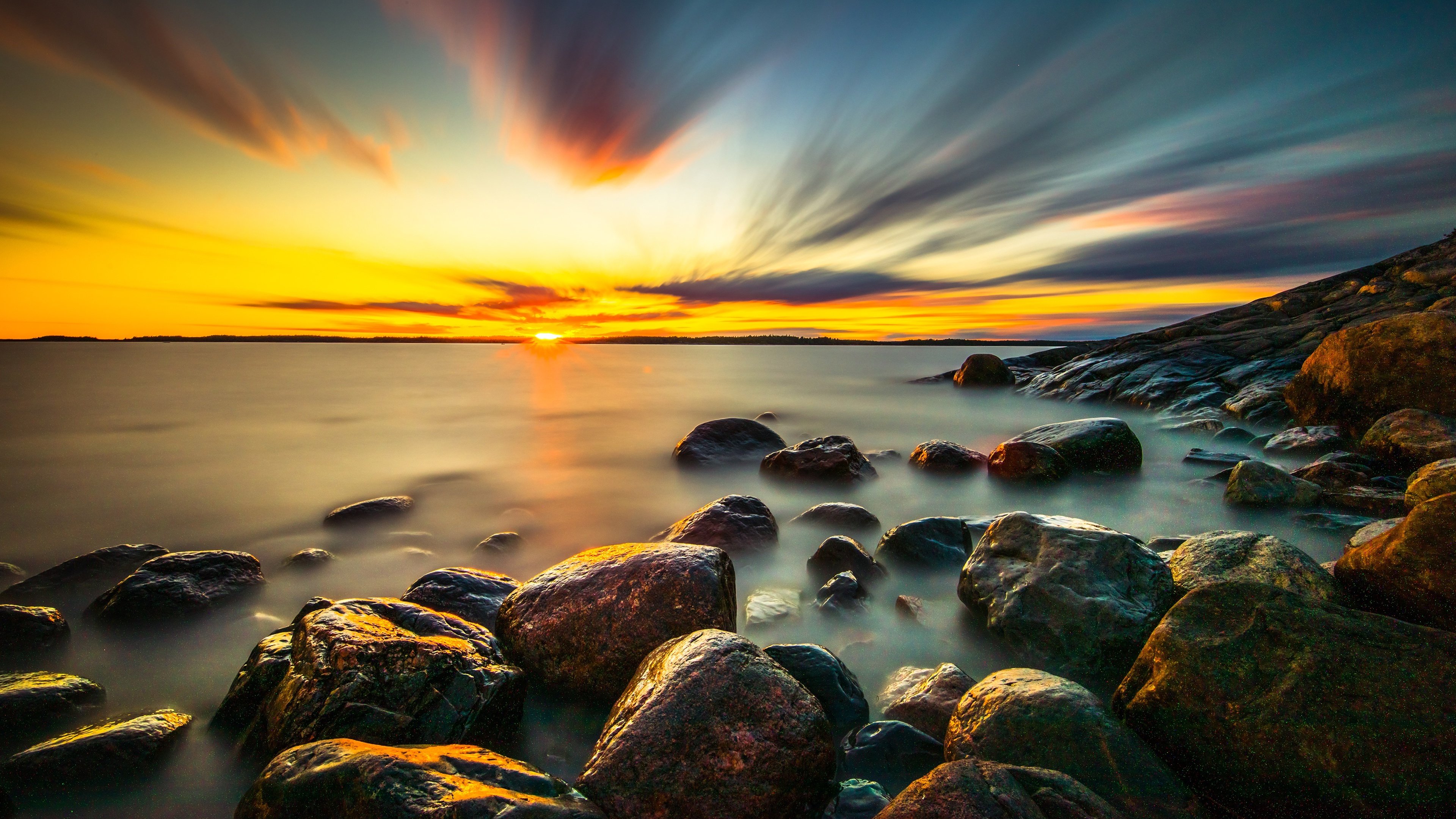 礁石,日落,河流