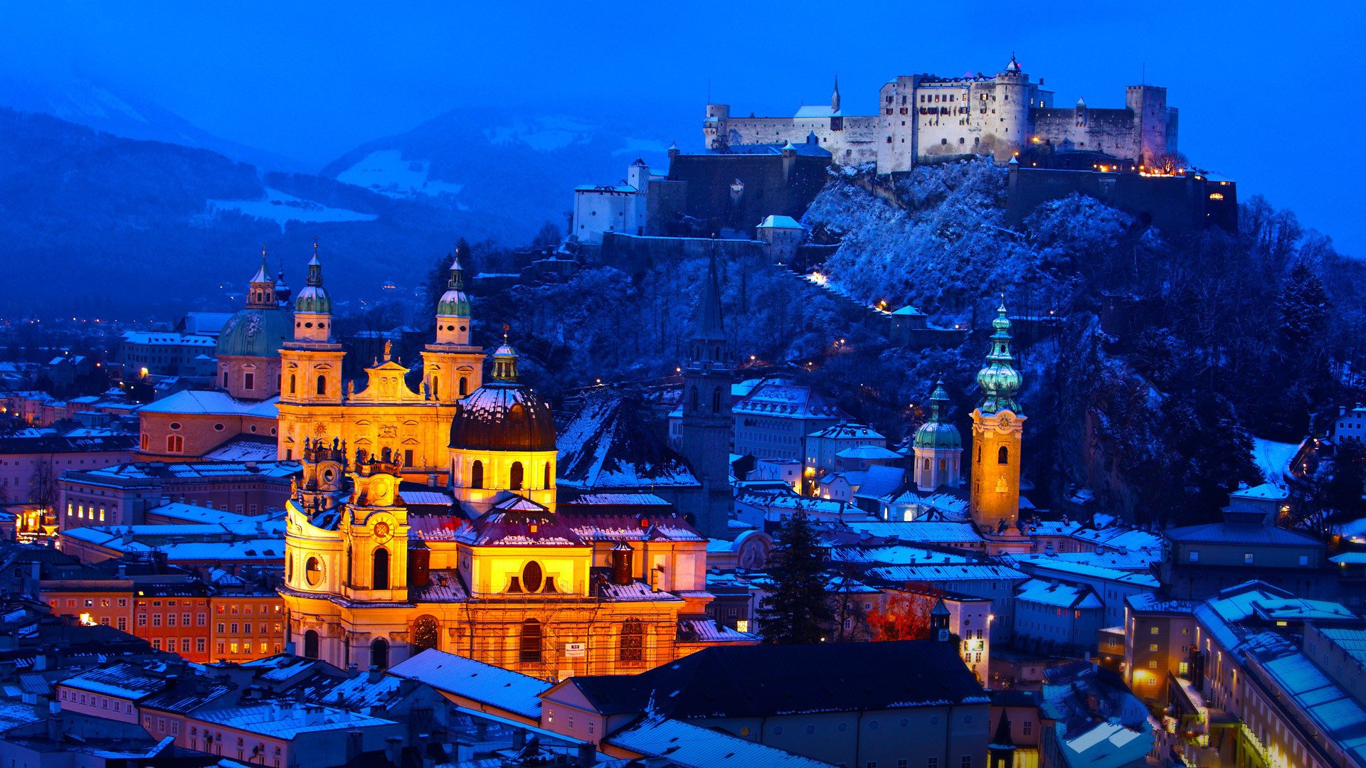 自然风光,冬季,雪景,夜晚,灯火