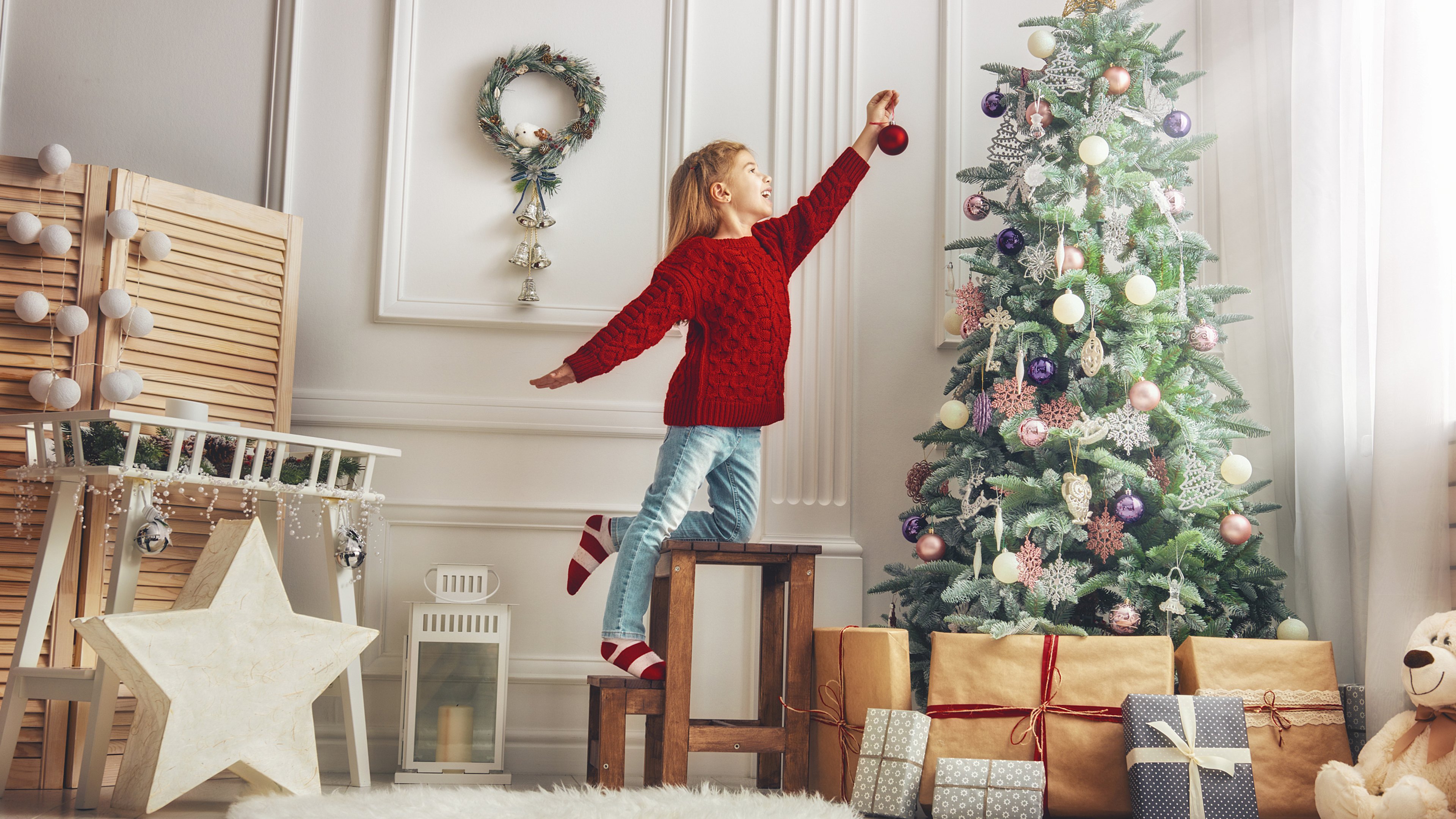 4k,圣诞,女孩,圣诞树