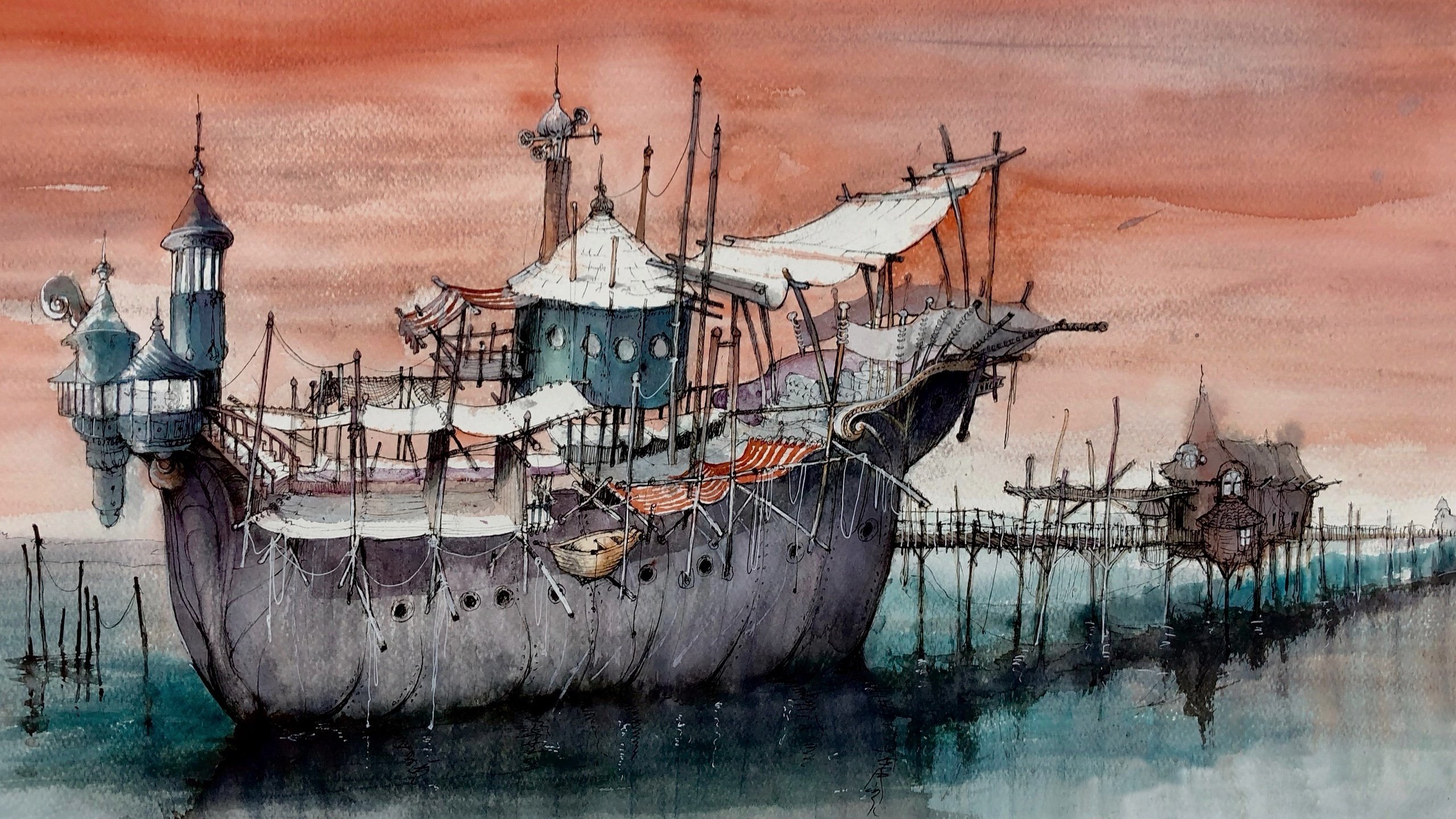 船,抽象,油画,启航