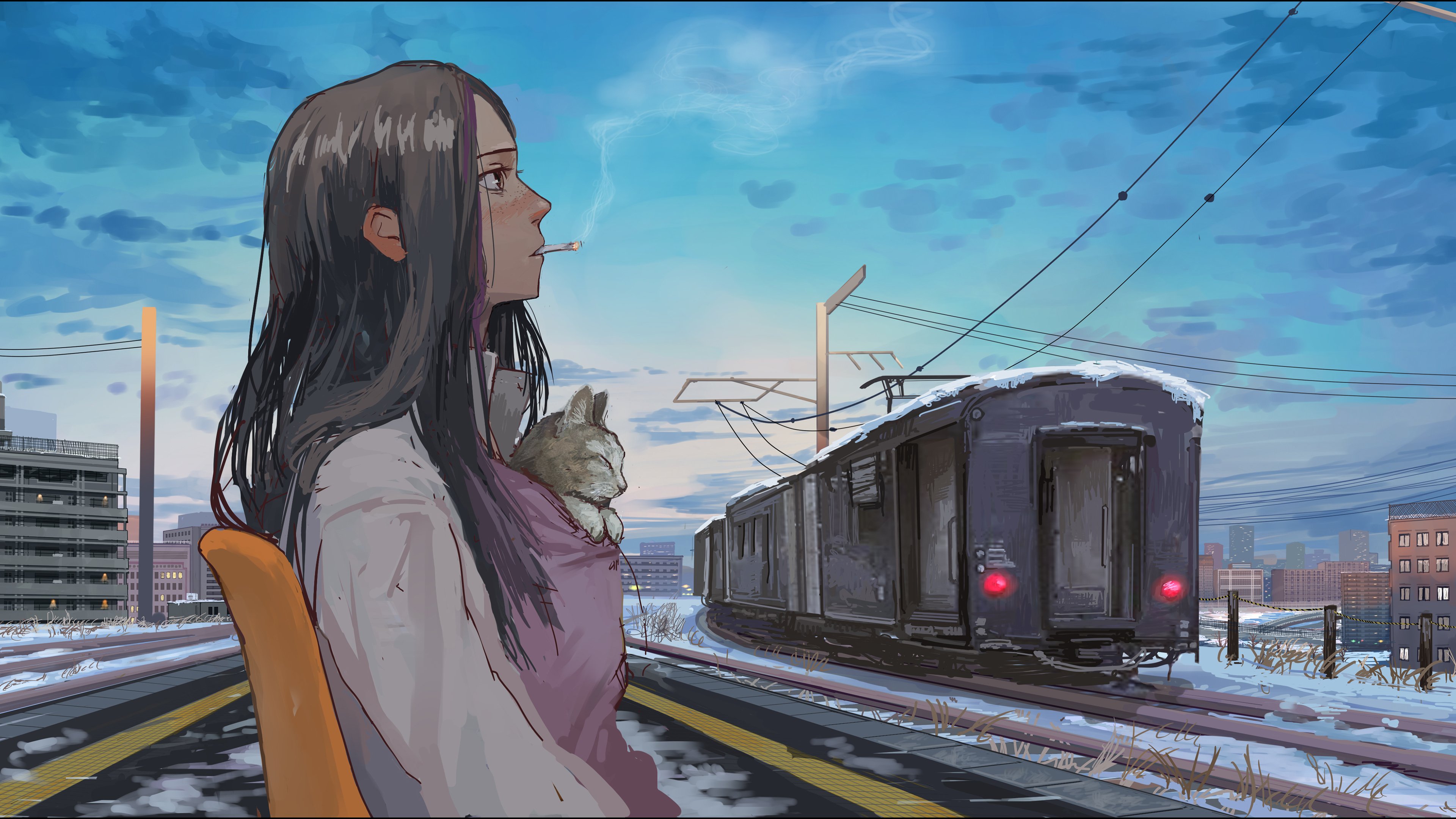 卡通人物,流浪,烟,火车