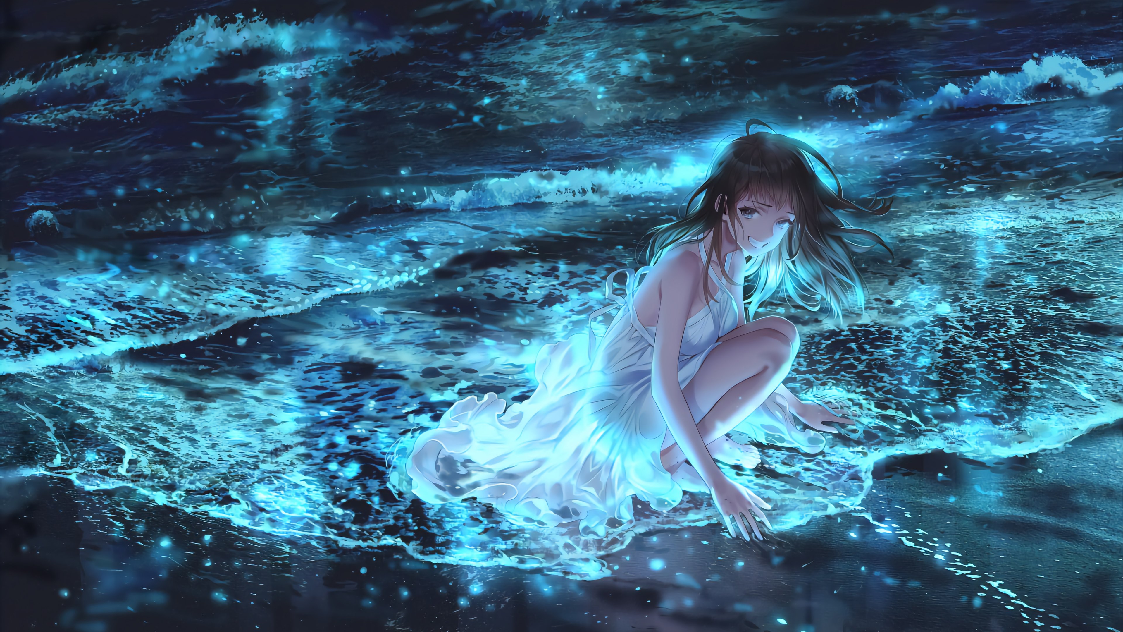 女孩,蹲着,海岸,海滩,波浪,风,夜晚