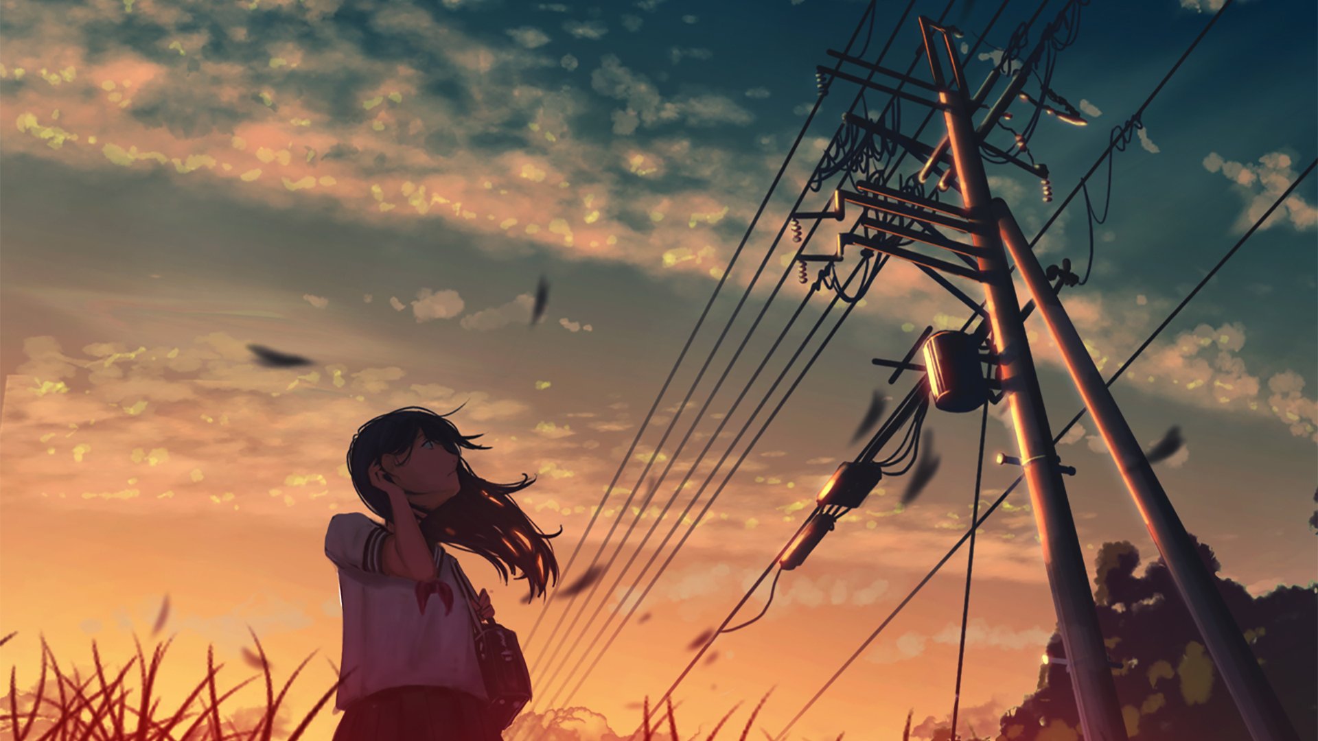 卡通人物,晚霞,小镇